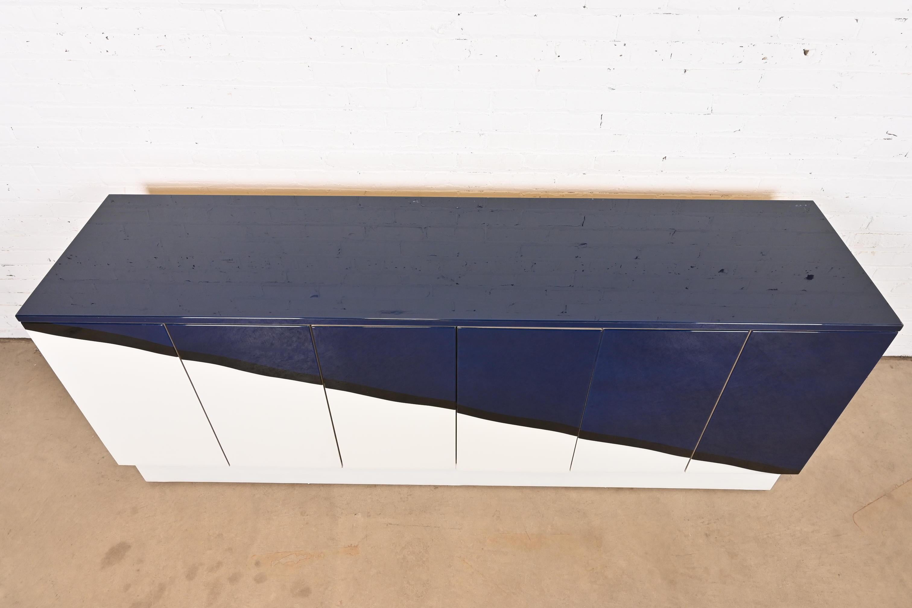 Directional Postmodern Blue & White Lacquered Sideboard Credenza or Bar Cabinet 2