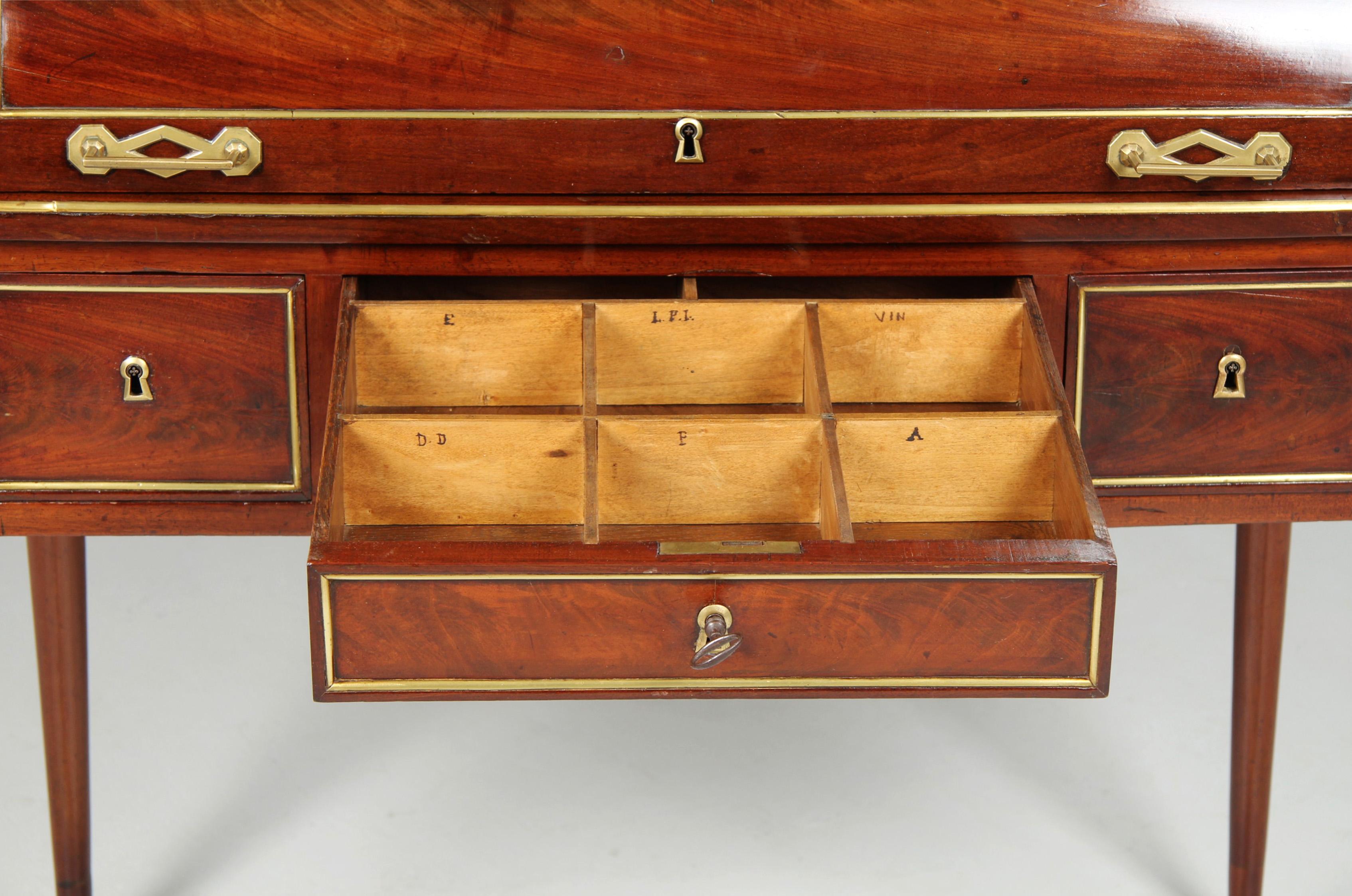 Brass Directoire Bureau a Cylindre - France, circa 1800, Mahogany Secretaire or Desk For Sale