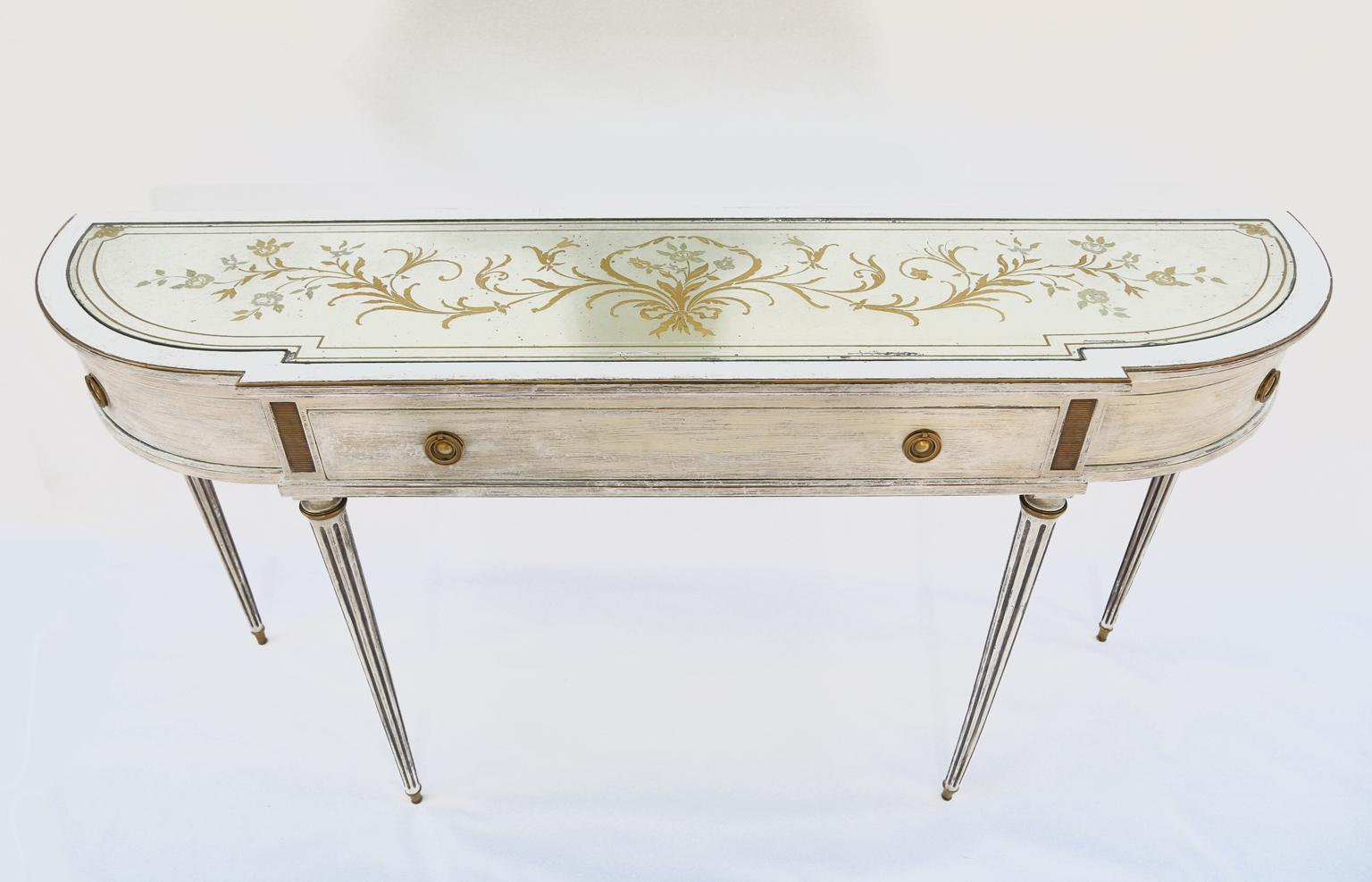 Directoire Demilune Console with Églomisé Mirrored Top In Distressed Condition In West Palm Beach, FL