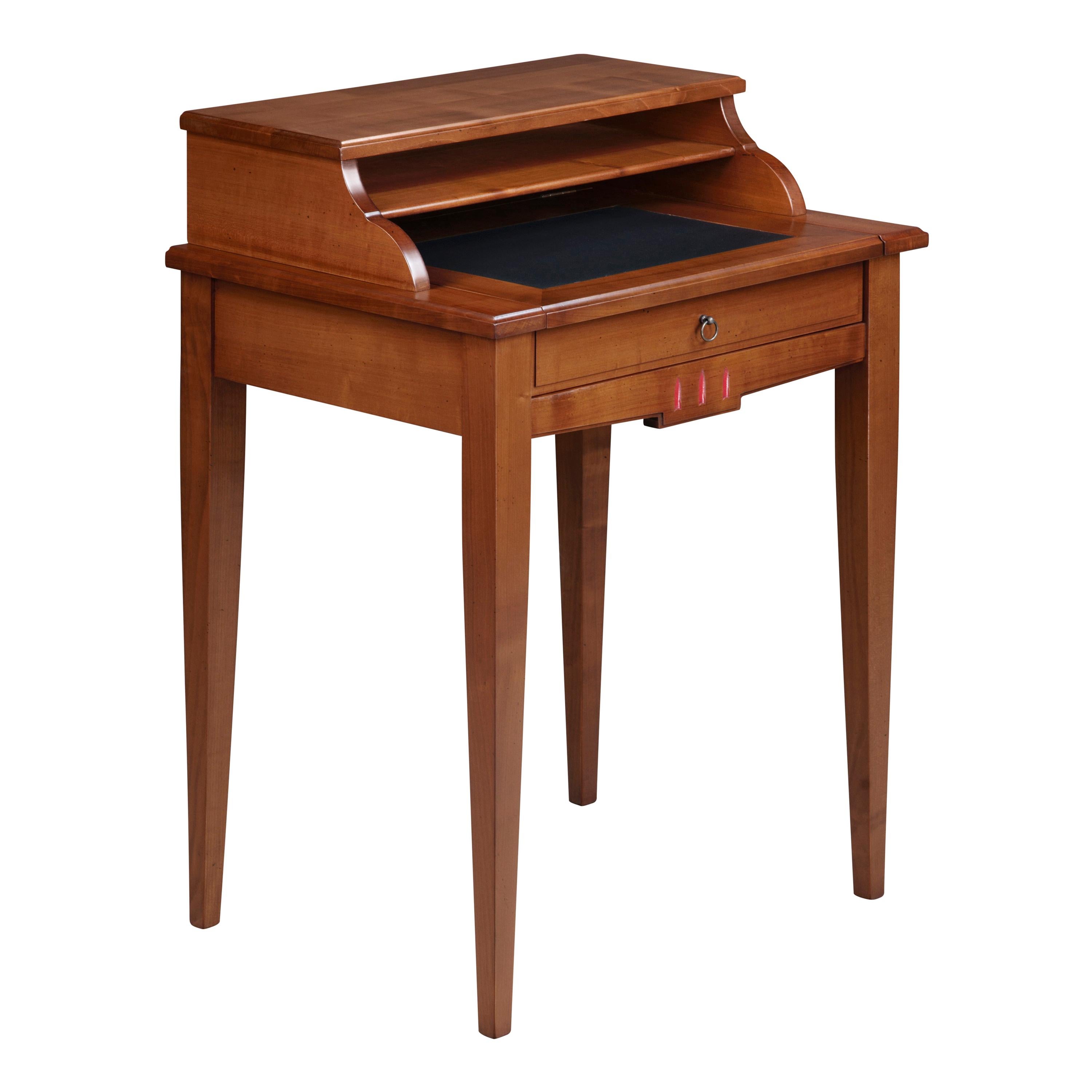 Hand-Crafted Directoire Style Desk Solid Cherry with Leather Pad and Covered Storage Space For Sale