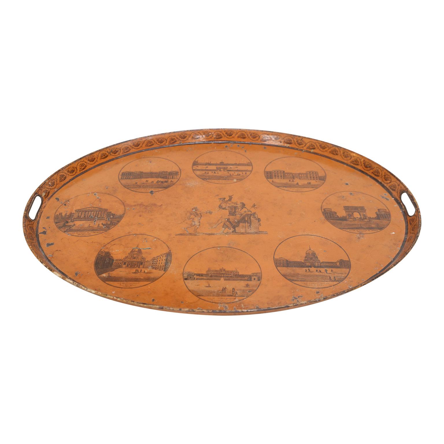 Directoire French golden ocher color tole tray adorned in original painted decoration, early 19th century.

Note: Original/early finish on antique and vintage metal will include some, or all, of the following: patina, scaling, light rust,