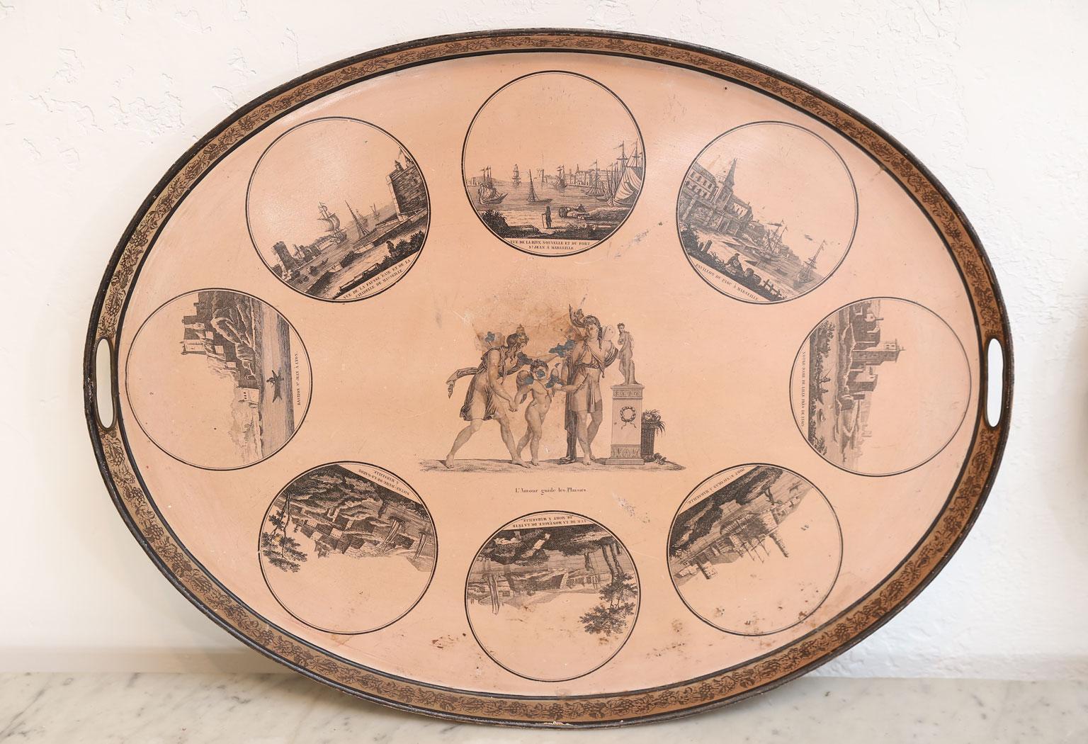Directoire French pinkish-ocher color tole tray adorned in original painted decoration, early 19th century.