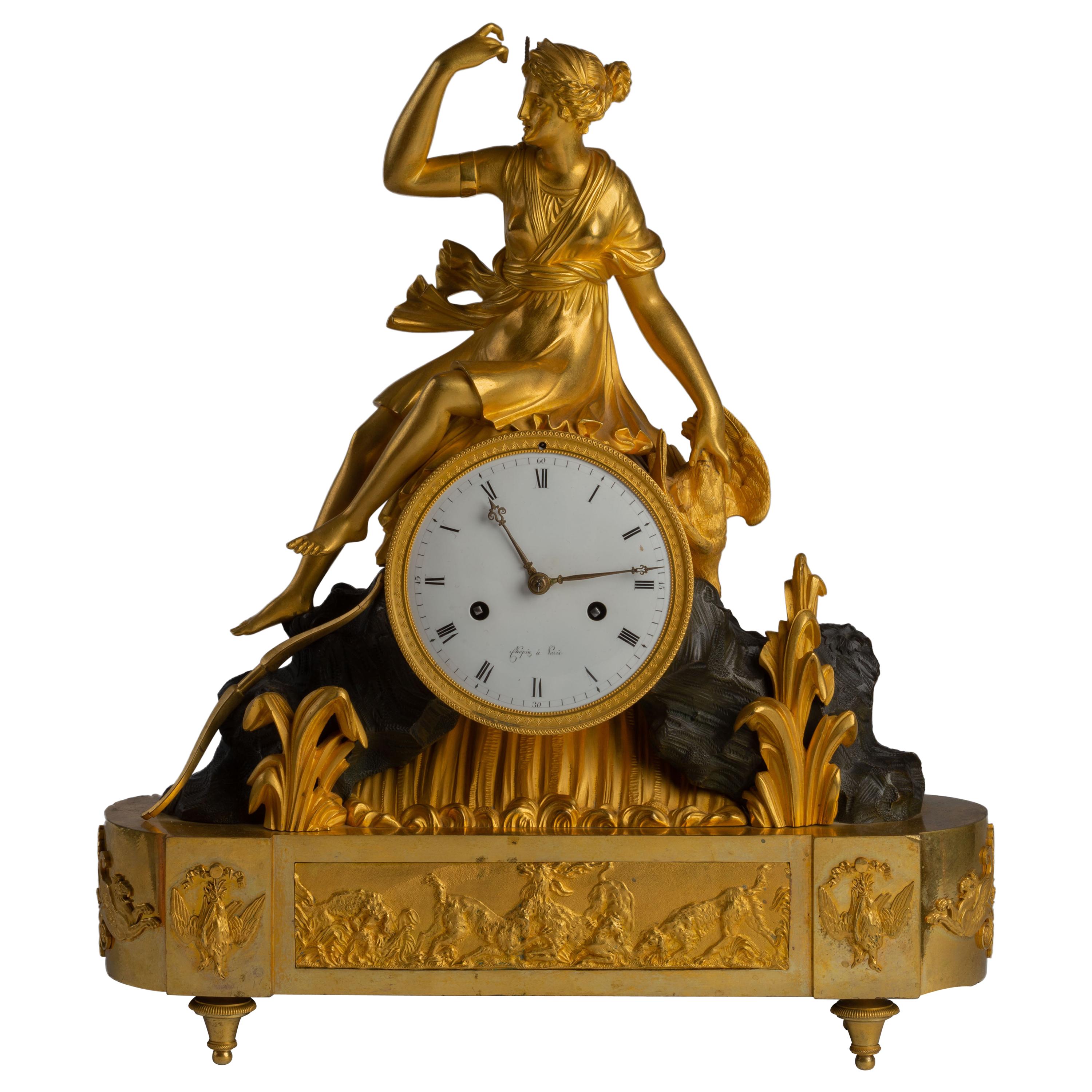 Directoire Gilt and Patinated Bronze Mantel Clock