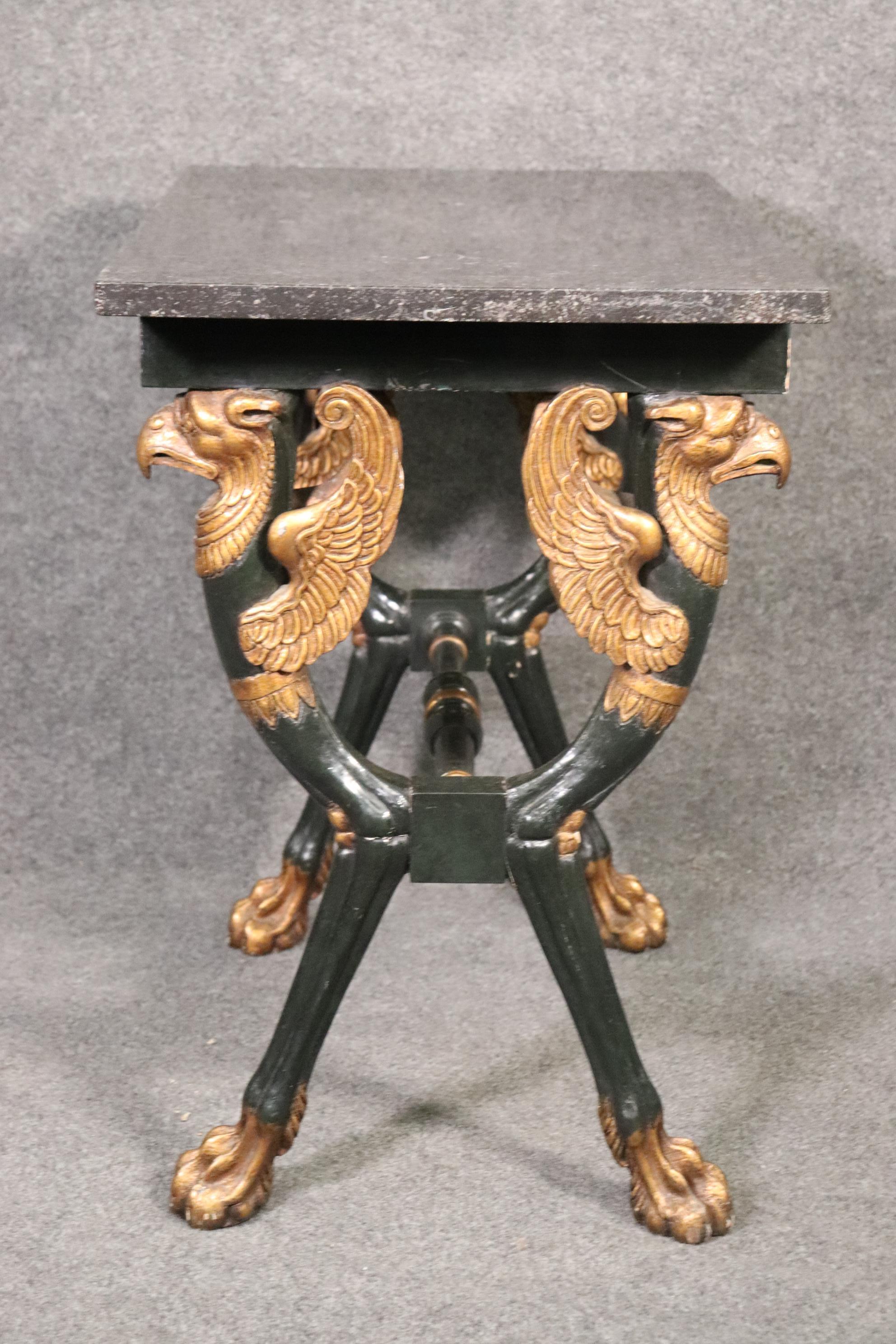 Dimensions- H: 28 3/4in W: 35in D: 21 inches
This Maison Jansen Style Carved Eagle Marble Top Console Table, Server, or Entryway Table is an extremely unique piece all around. Starting with the highly unusual carved figural eagles on each corner of