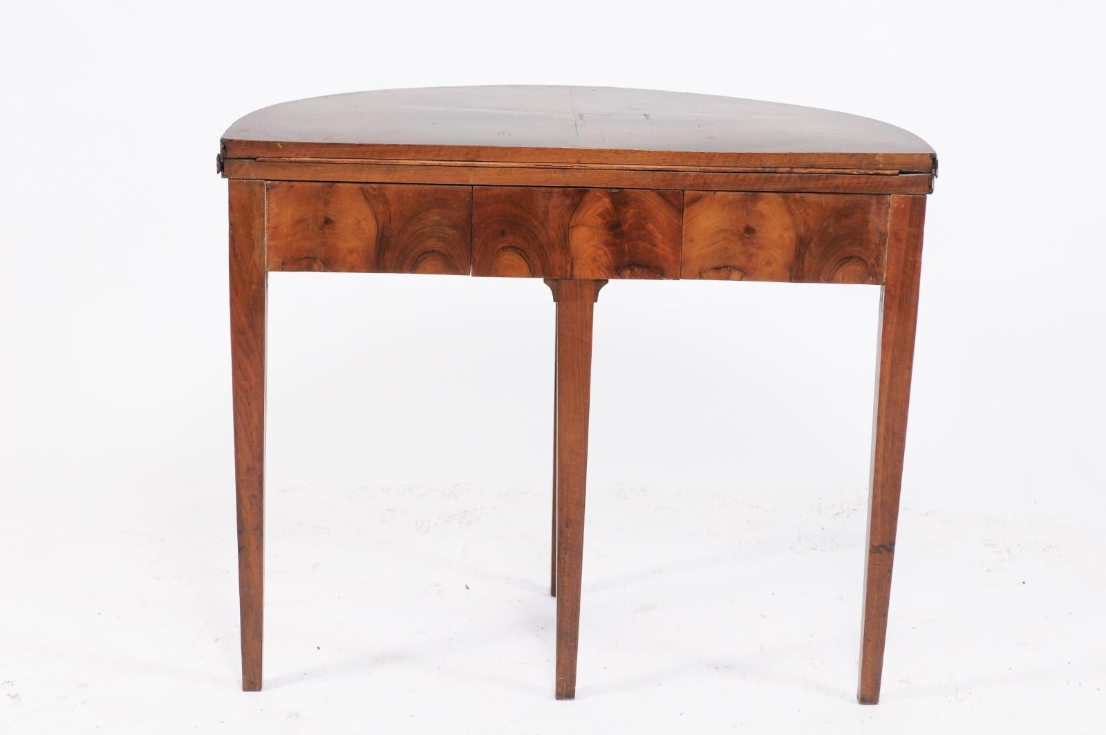 Veneer Directoire Style 1860s French Bookmarked Walnut Demilune Table with Leather Top