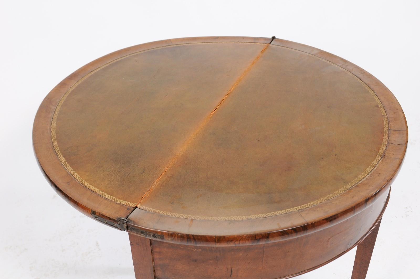 Directoire Style 1860s French Bookmarked Walnut Demilune Table with Leather Top In Good Condition In Atlanta, GA