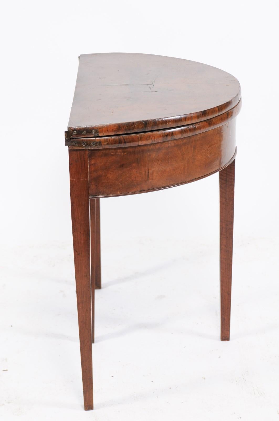 19th Century Directoire Style 1860s French Bookmarked Walnut Demilune Table with Leather Top