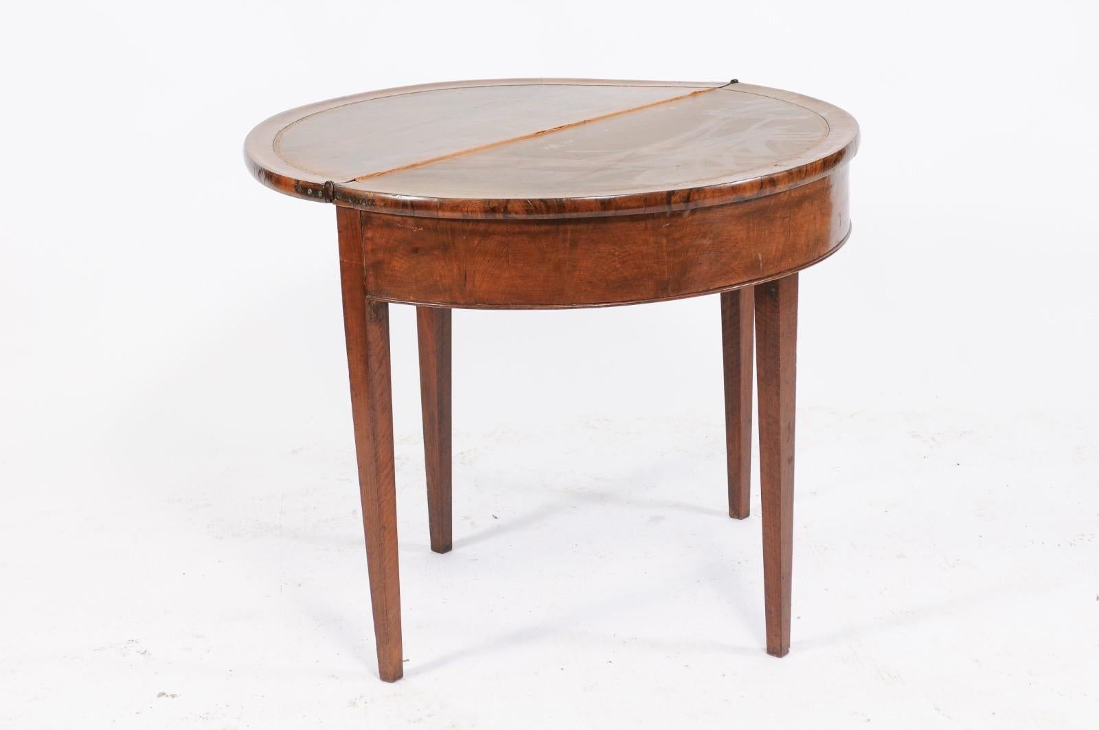 Directoire Style 1860s French Bookmarked Walnut Demilune Table with Leather Top 1