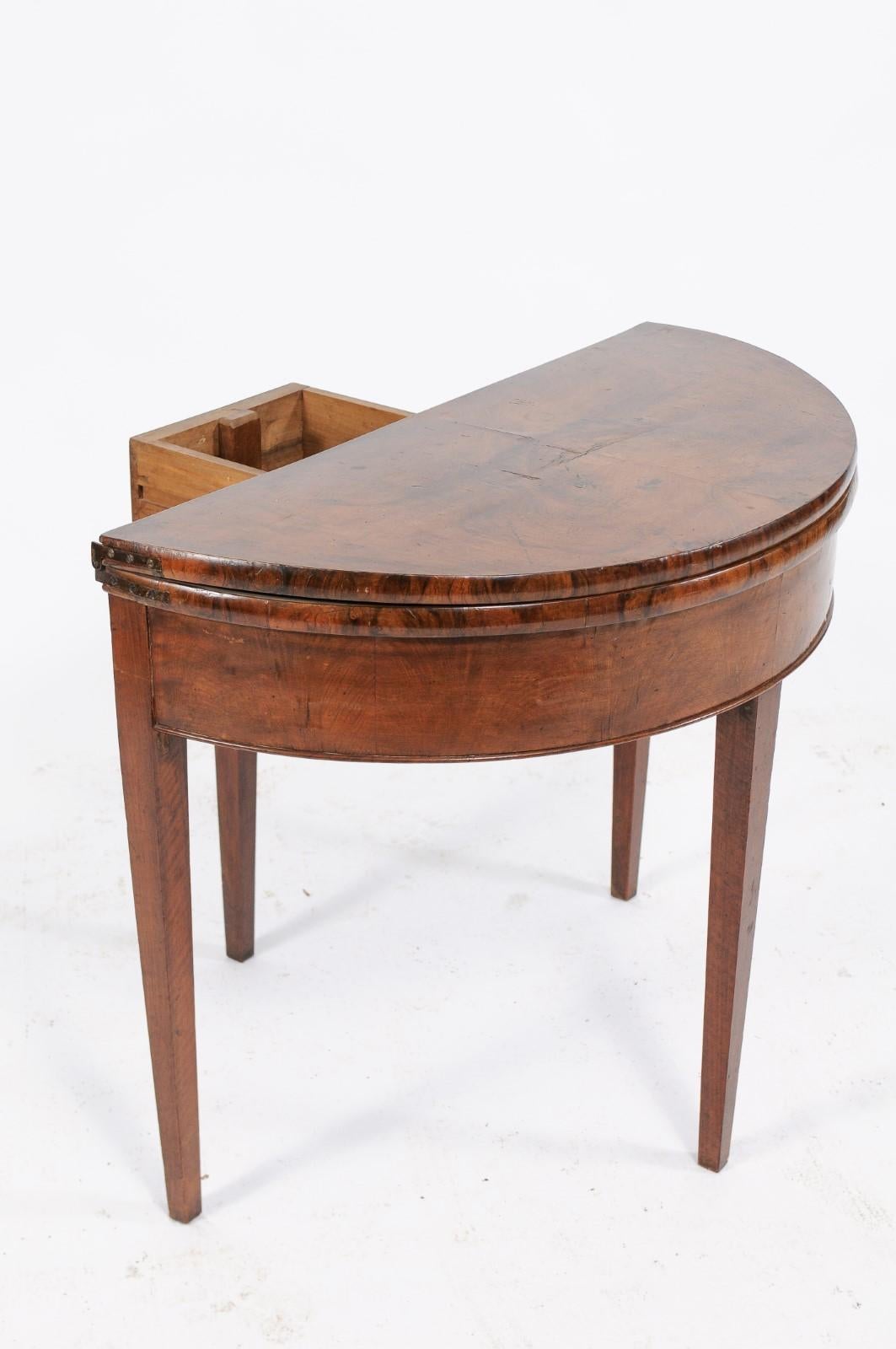 Directoire Style 1860s French Bookmarked Walnut Demilune Table with Leather Top 3