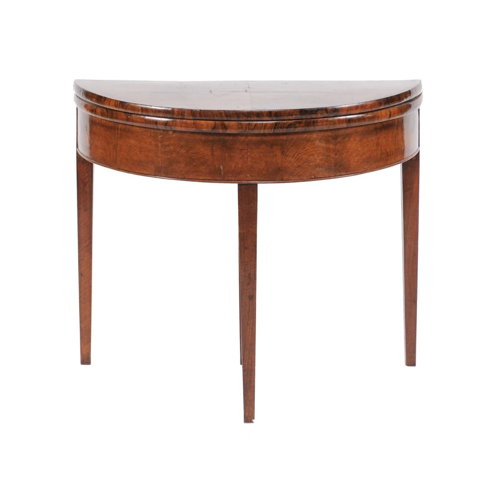 Directoire Style 1860s French Bookmarked Walnut Demilune Table with Leather Top