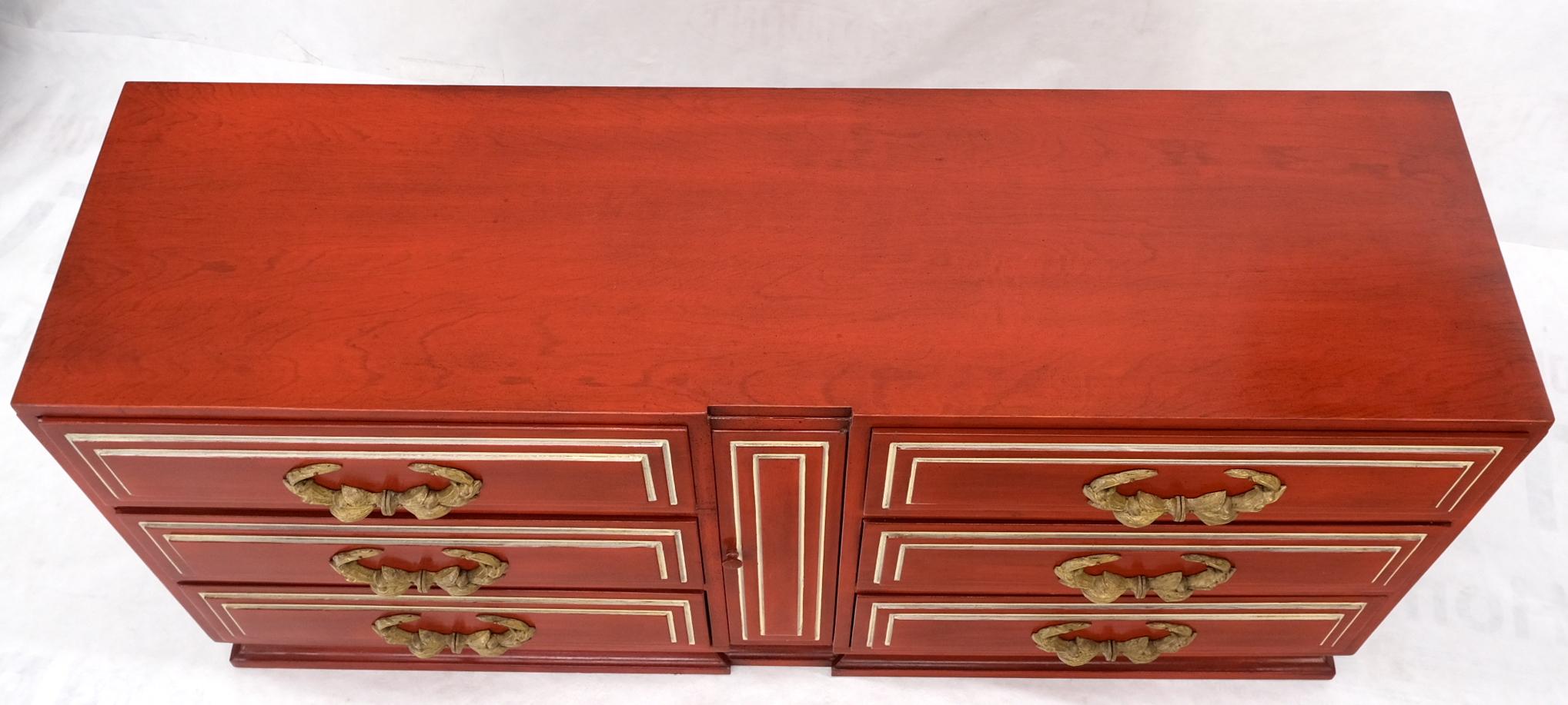 Painted Directoire Style Blood Tomato Red Lacquer Super Heavy Solid Brass Pulls Dresser For Sale