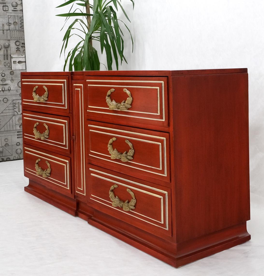 Directoire Style Blood Tomato Red Lacquer Super Heavy Solid Brass Pulls Dresser In Good Condition For Sale In Rockaway, NJ