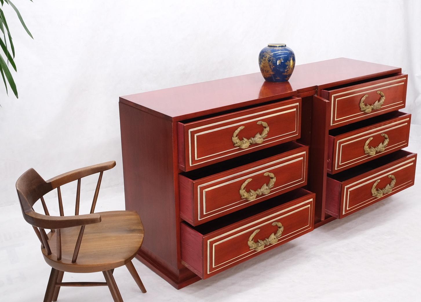 20th Century Directoire Style Blood Tomato Red Lacquer Super Heavy Solid Brass Pulls Dresser For Sale