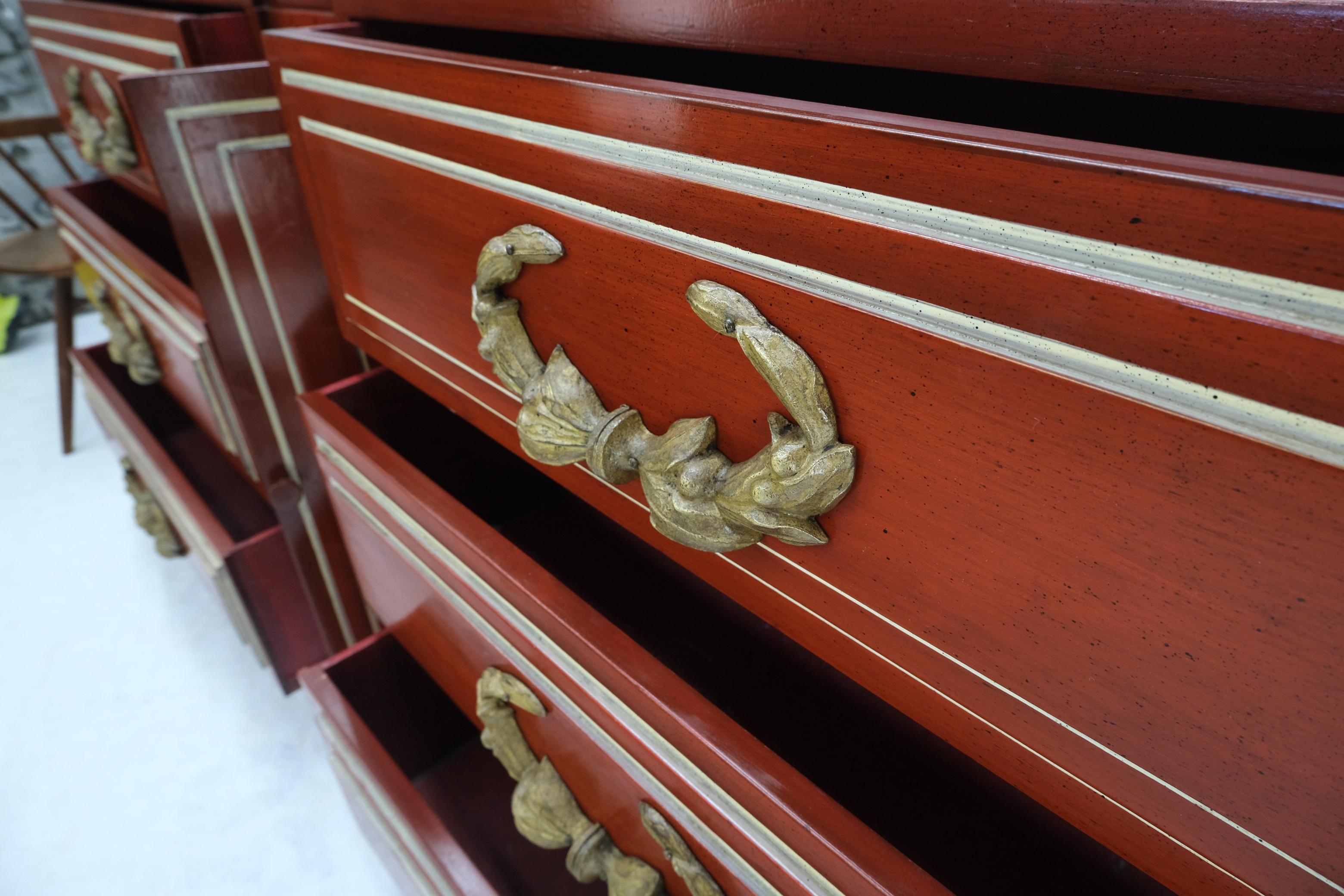 Oak Directoire Style Blood Tomato Red Lacquer Super Heavy Solid Brass Pulls Dresser For Sale