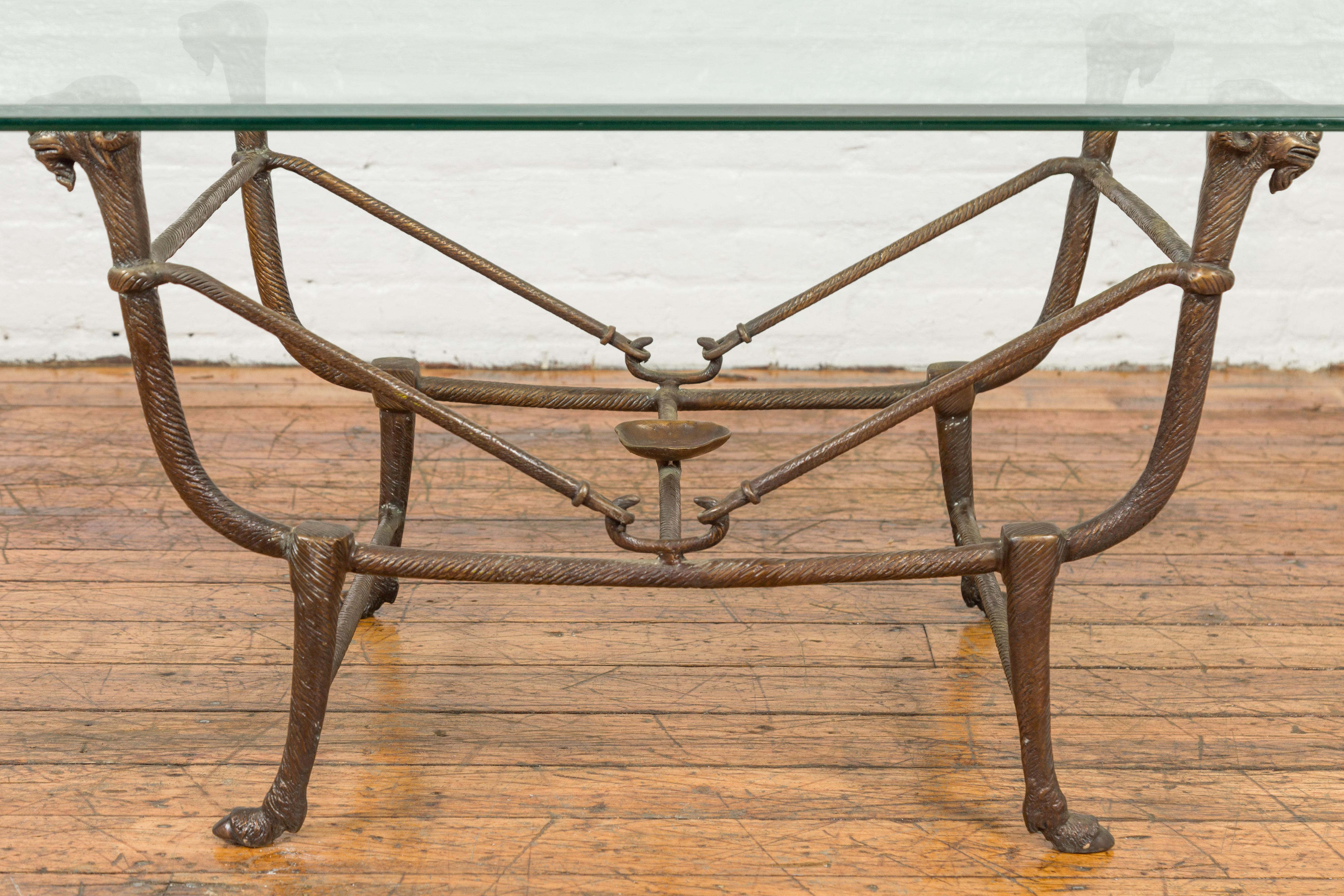 Directoire Style Bronze Coffee Table Base with Rams Heads and Dark Patina In Good Condition In Yonkers, NY