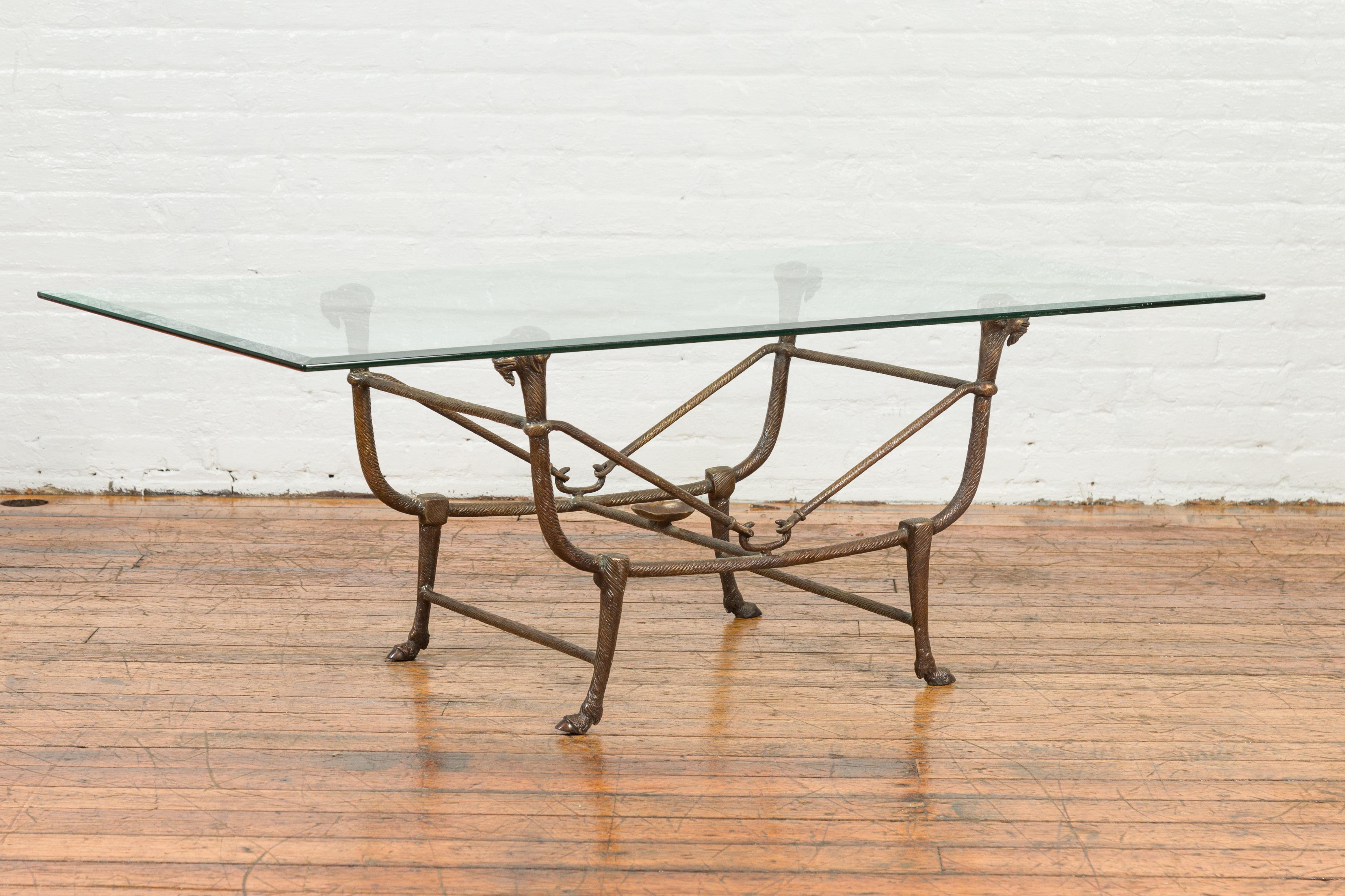 Contemporary Directoire Style Bronze Coffee Table Base with Rams Heads and Dark Patina