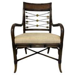 Directoire Style Cane Brass Metal Wood Upholstered Armchair with Arrow Design