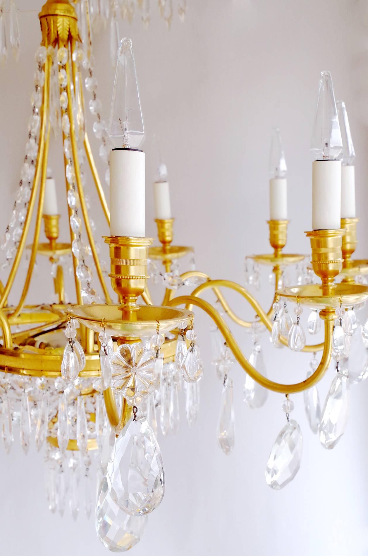 Brass Directoire Style Chandelier with Crystal Pendants, circa 1970