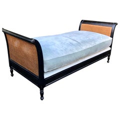 Retro Directoire Style Chinoiserie Black & Gold Chaise Lounge Double Cane Daybed Sofa