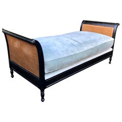 Directoire Style Chinoiserie Black & Gold Chaise Lounge Double Cane Daybed Sofa