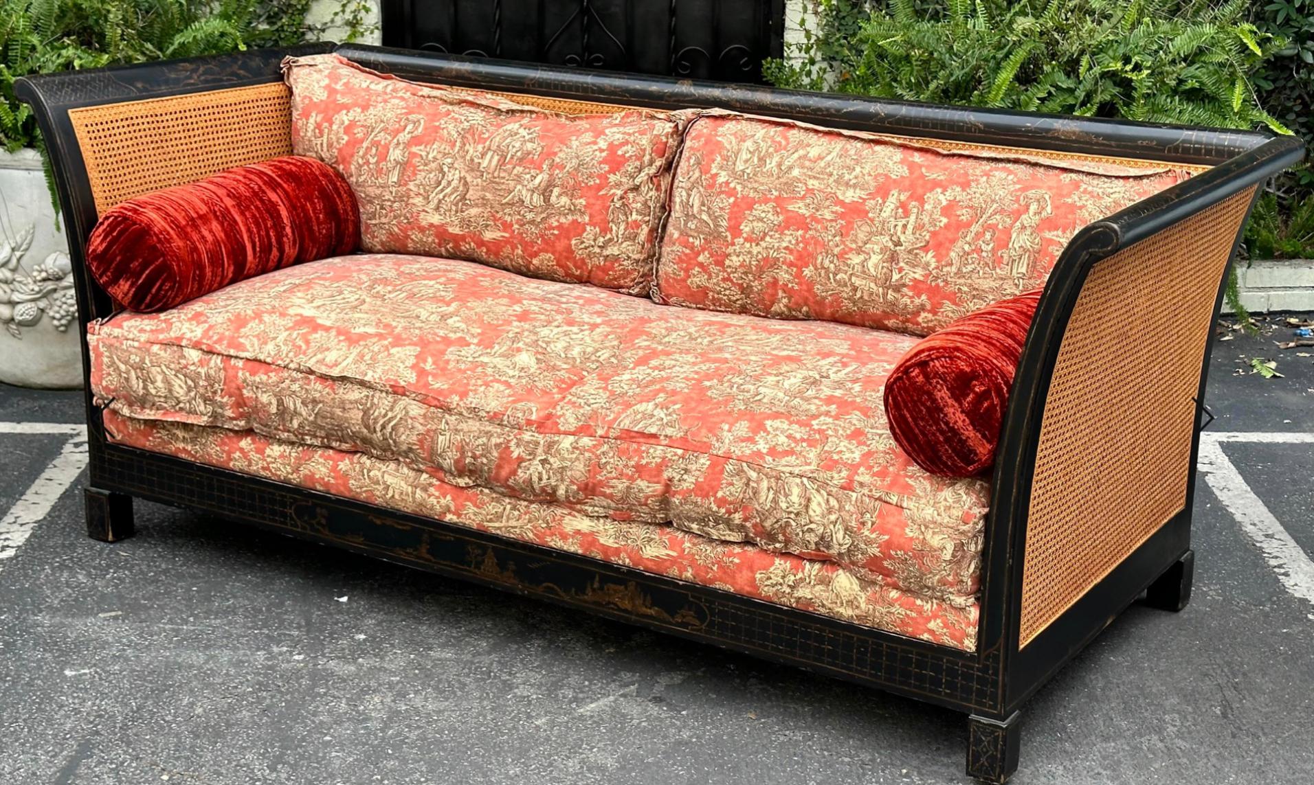 Directoire style chinoiserie black & gold red toile down filled double cane sofa settee.
Dimensions 86