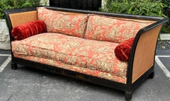 Directoire Style Chinoiserie Black & Gold Red Toile Down Filled Double Cane Sofa