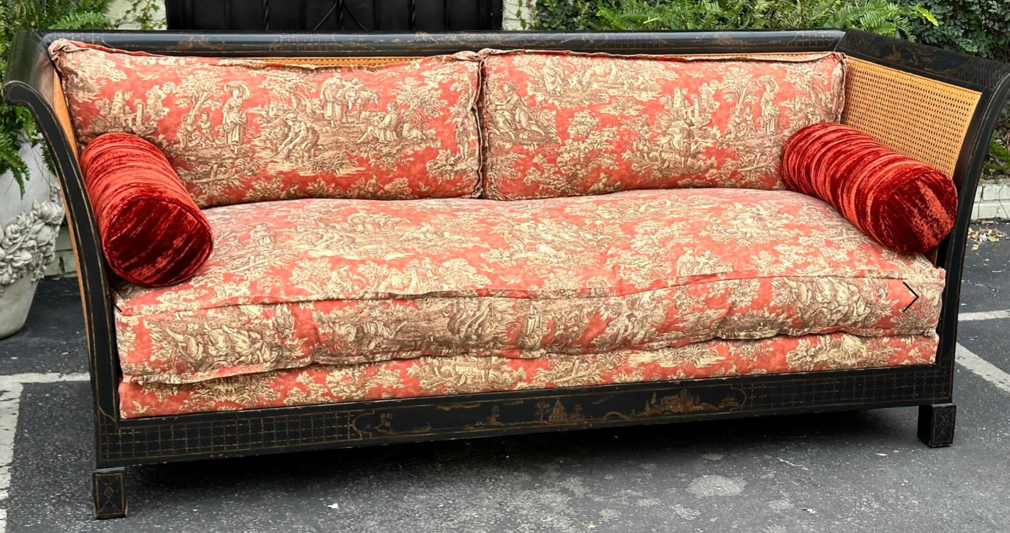 Directoire Style Chinoiserie Black & Gold Red Toile Down Filled Double Cane Sofa In Good Condition In LOS ANGELES, CA