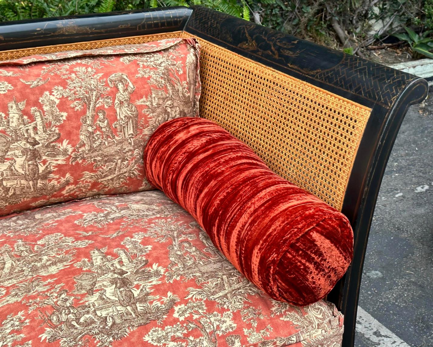 Late 20th Century Directoire Style Chinoiserie Black & Gold Red Toile Down Filled Double Cane Sofa