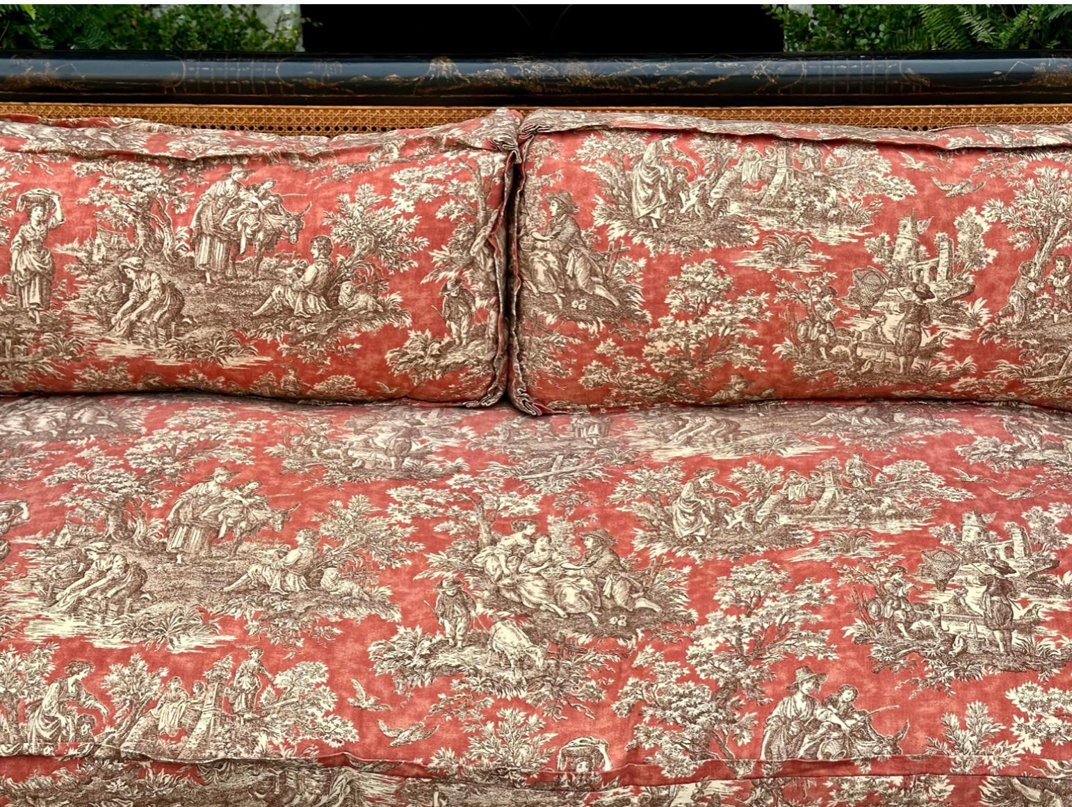 Directoire Style Chinoiserie Black & Gold Red Toile Down Filled Double Cane Sofa 1