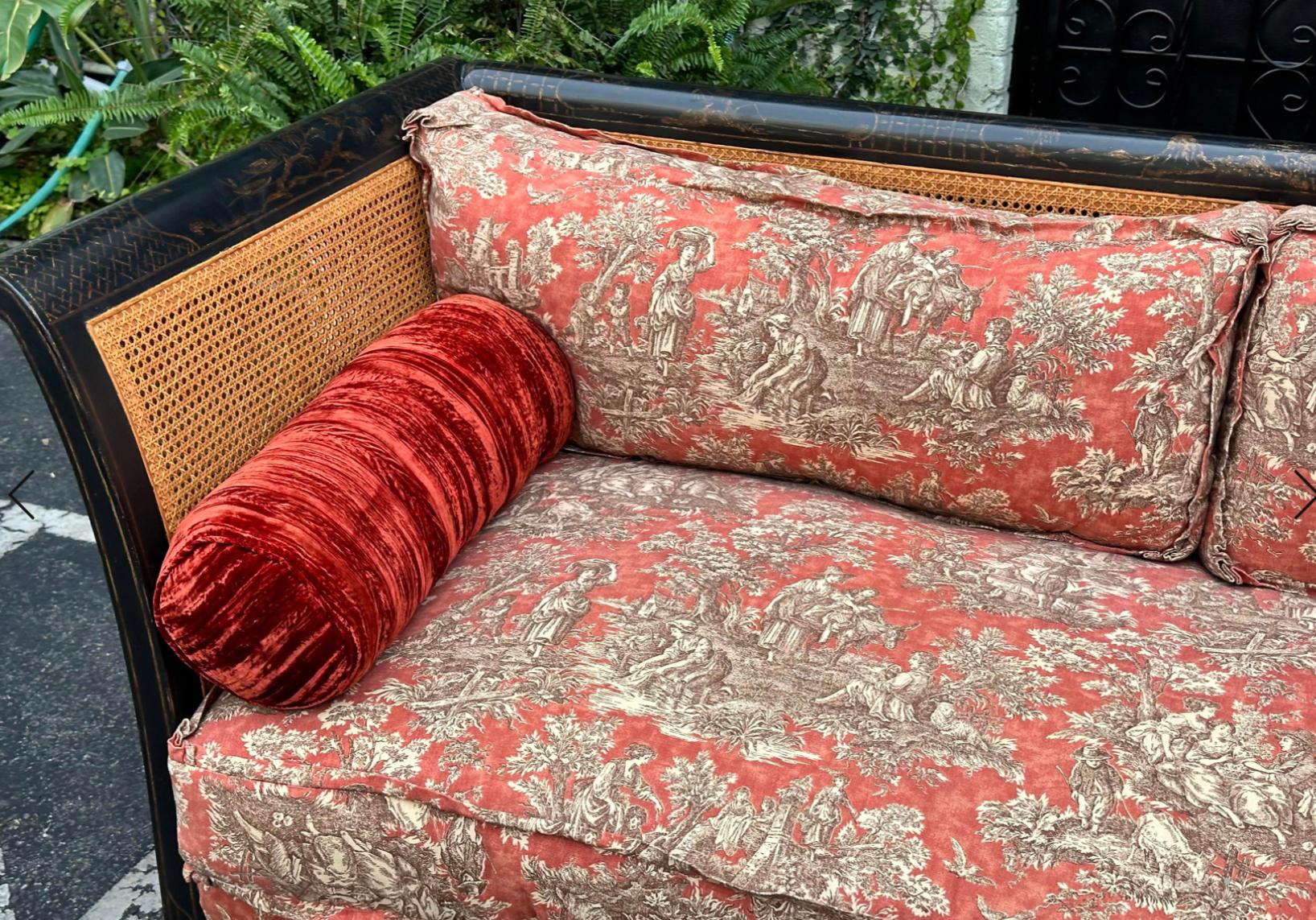 Directoire Style Chinoiserie Black & Gold Red Toile Down Filled Double Cane Sofa 2