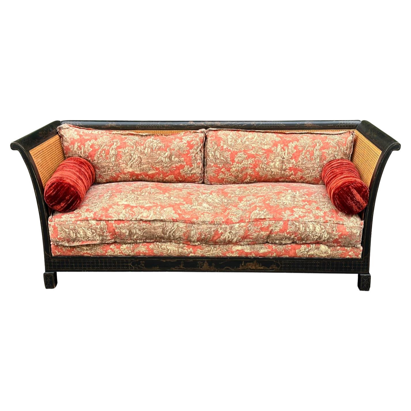 Directoire Style Chinoiserie Black & Gold Red Toile Down Filled Double Cane Sofa