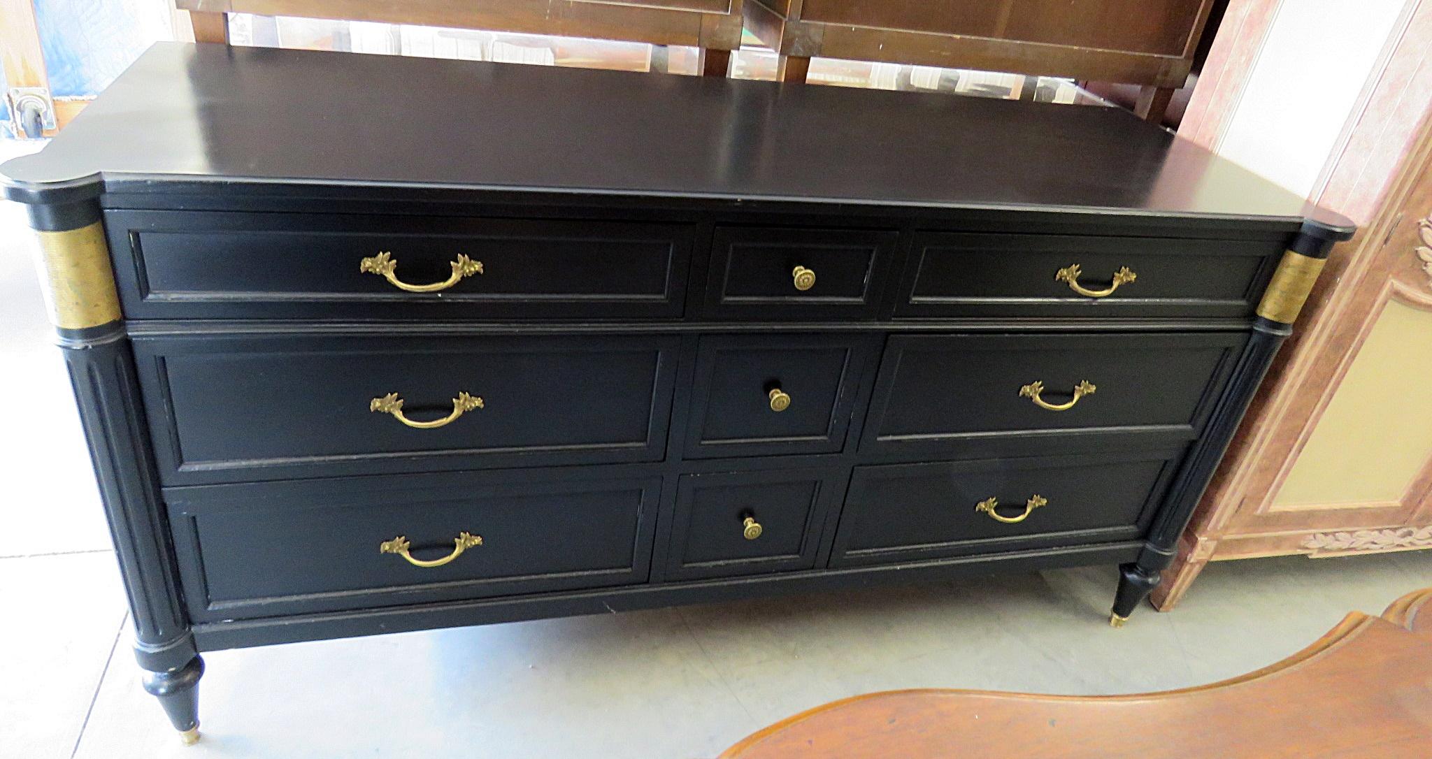 20th Century French Louis XVI Directoire Style Ebonized and Brass Triple Dresser 