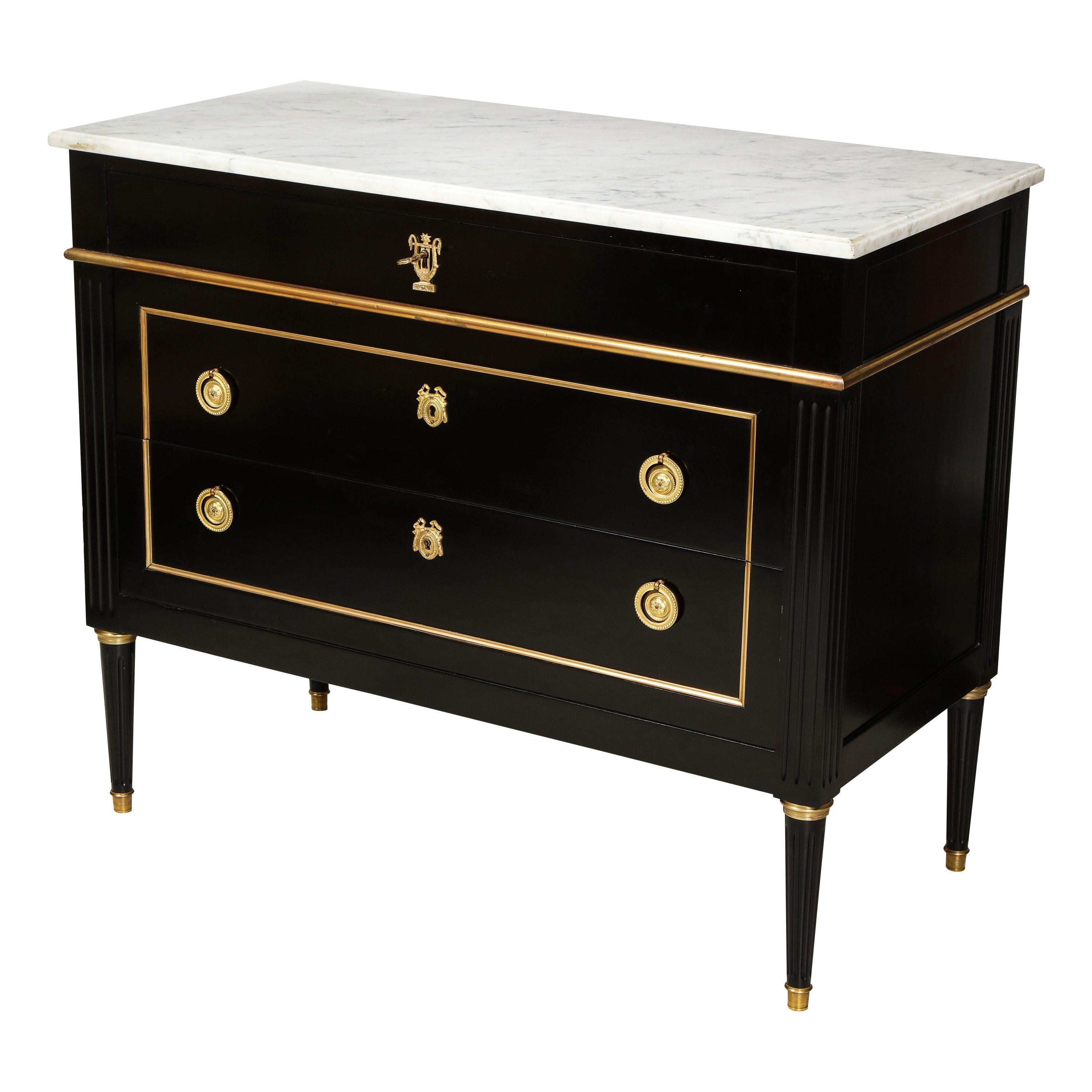 Directoire-Style Ebonized Marble-Top Commode with Bronze Mounts