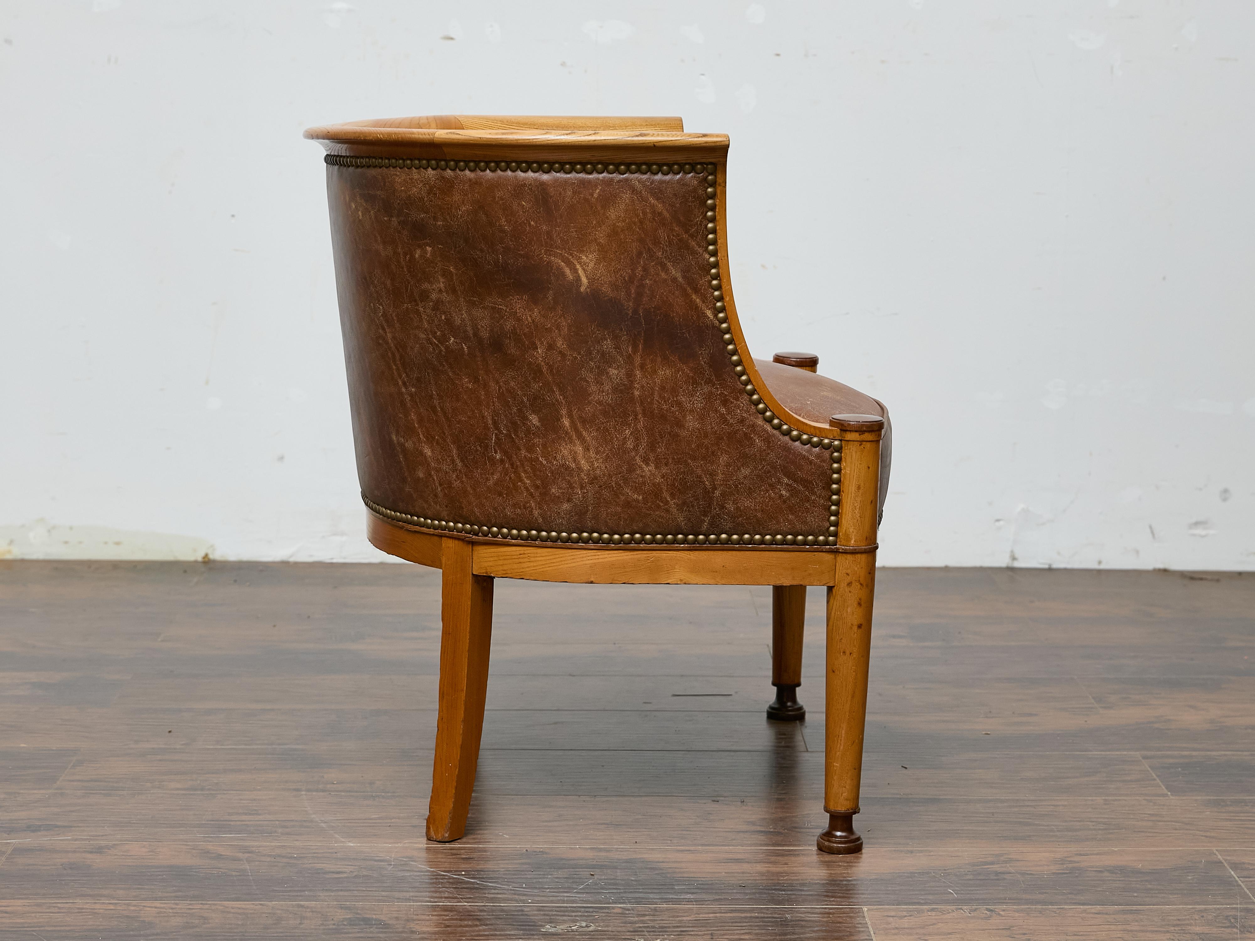 Directoire Style Fruitwood Armchair with Brown Leather Upholstery For Sale 6