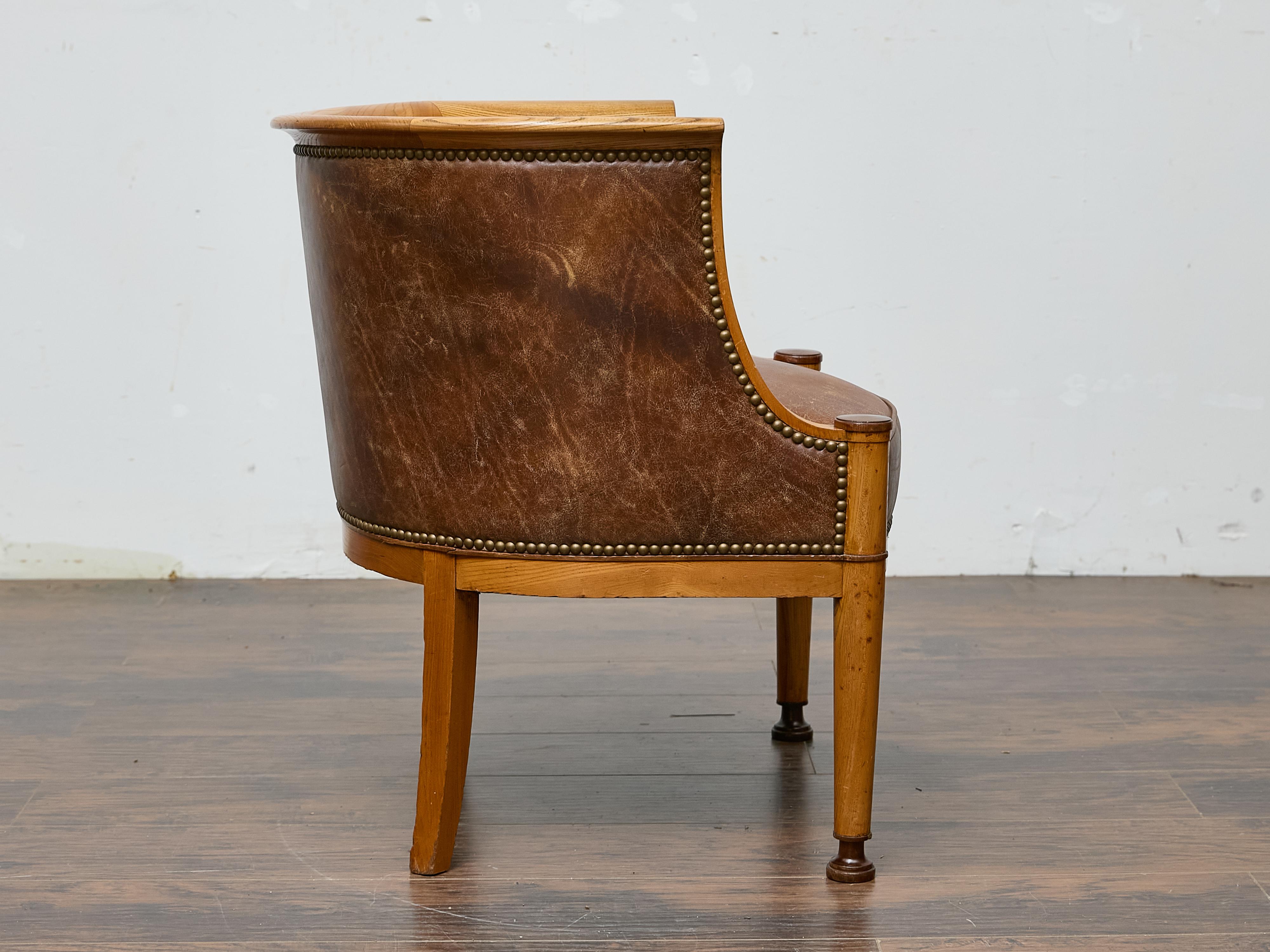 Directoire Style Fruitwood Armchair with Brown Leather Upholstery For Sale 7