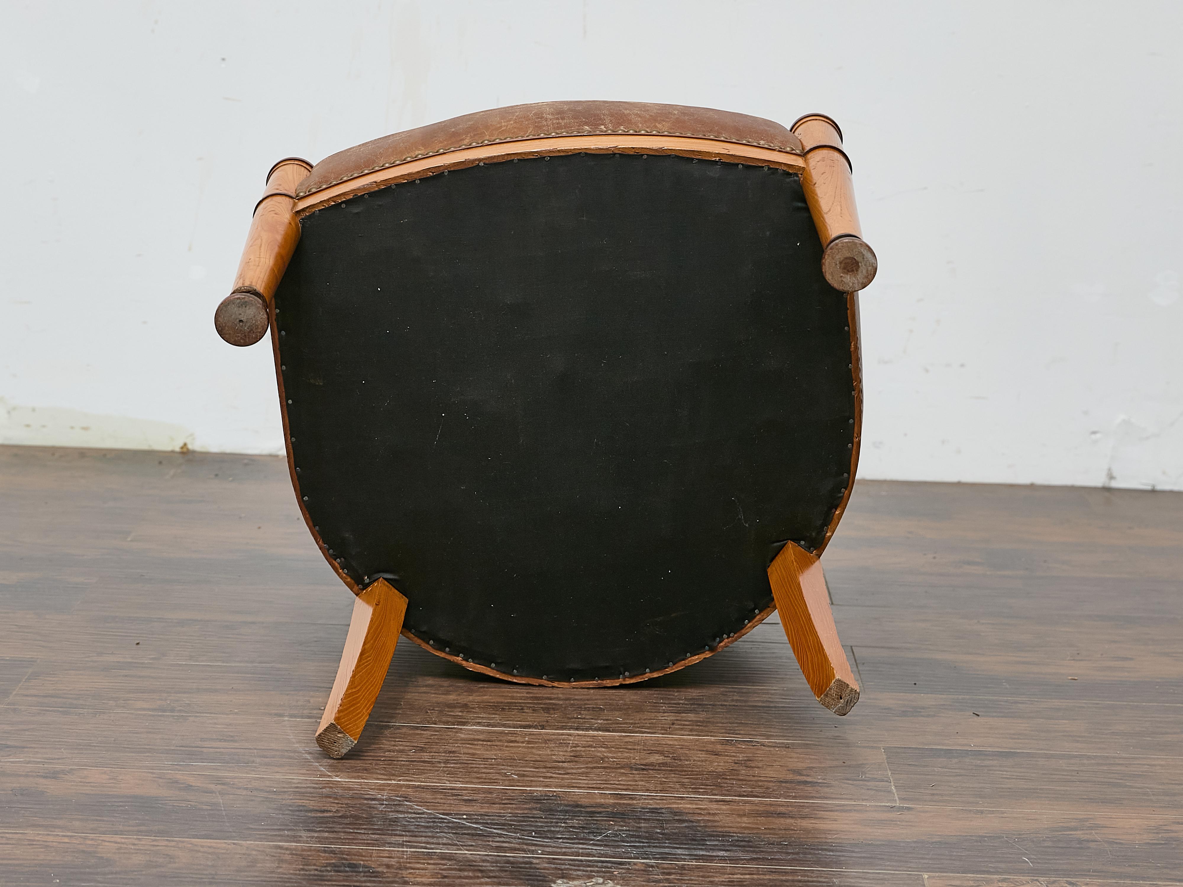 Directoire Style Fruitwood Armchair with Brown Leather Upholstery For Sale 8