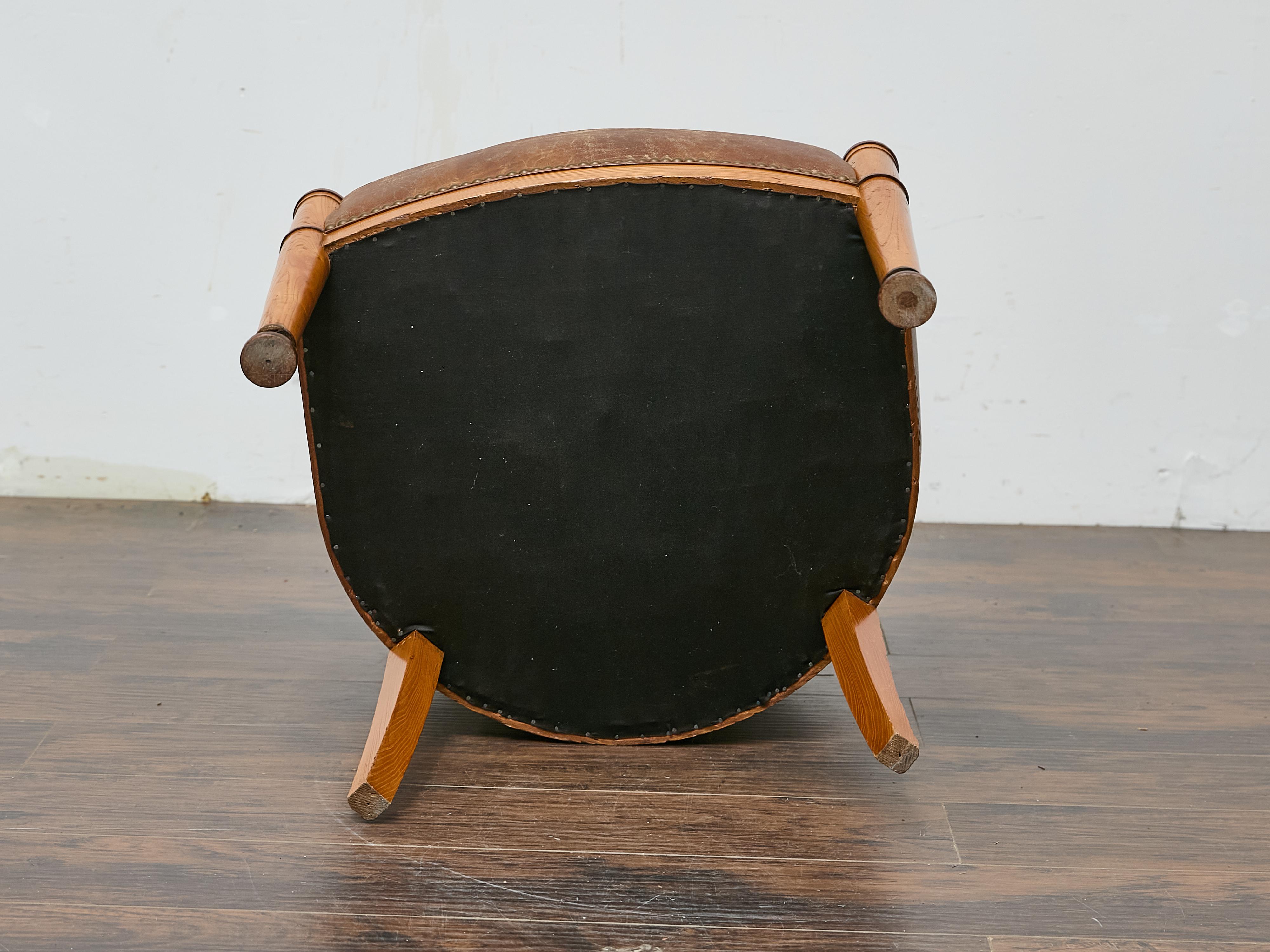 Directoire Style Fruitwood Armchair with Brown Leather Upholstery For Sale 9