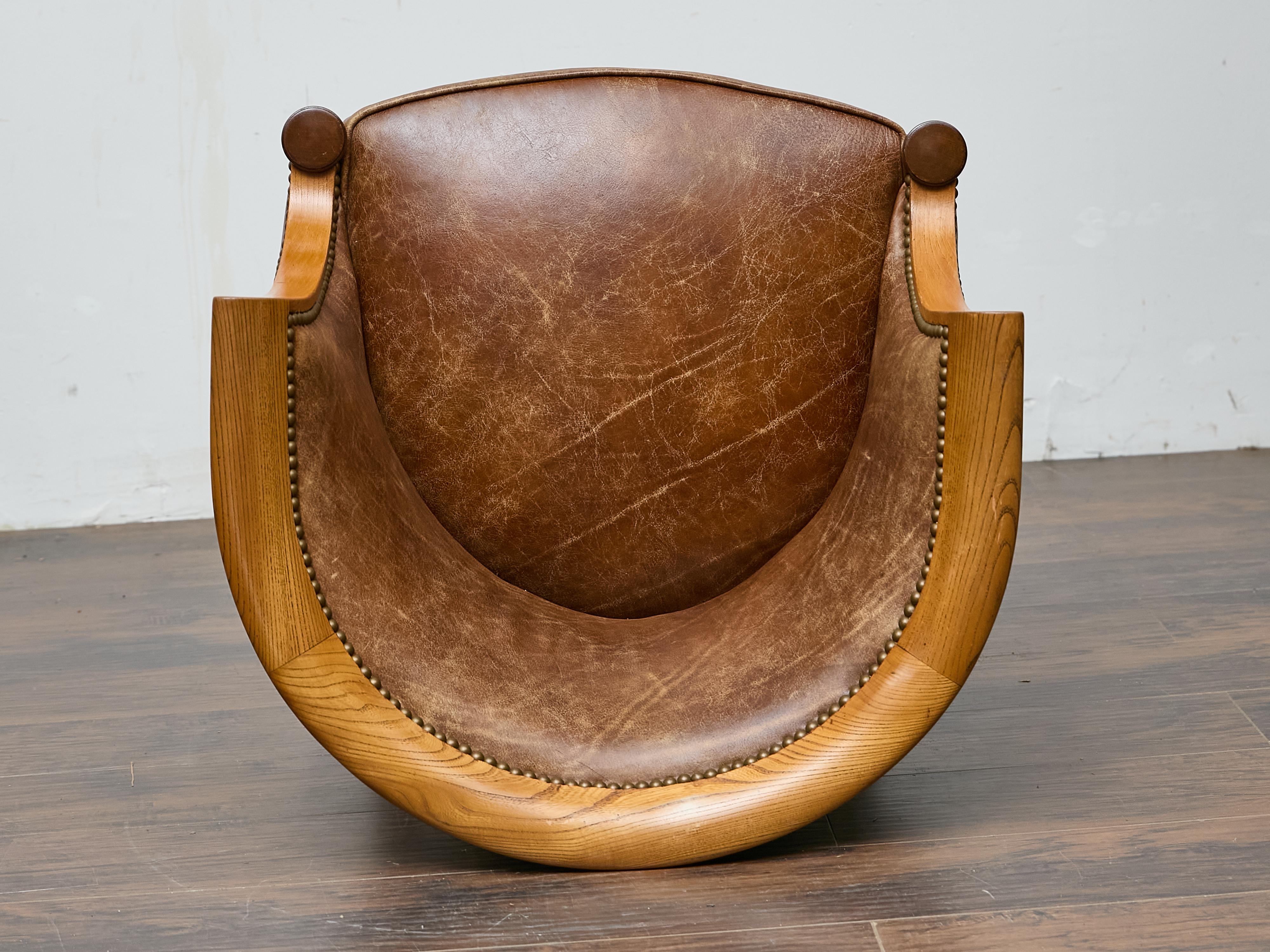 Directoire Style Fruitwood Armchair with Brown Leather Upholstery For Sale 10