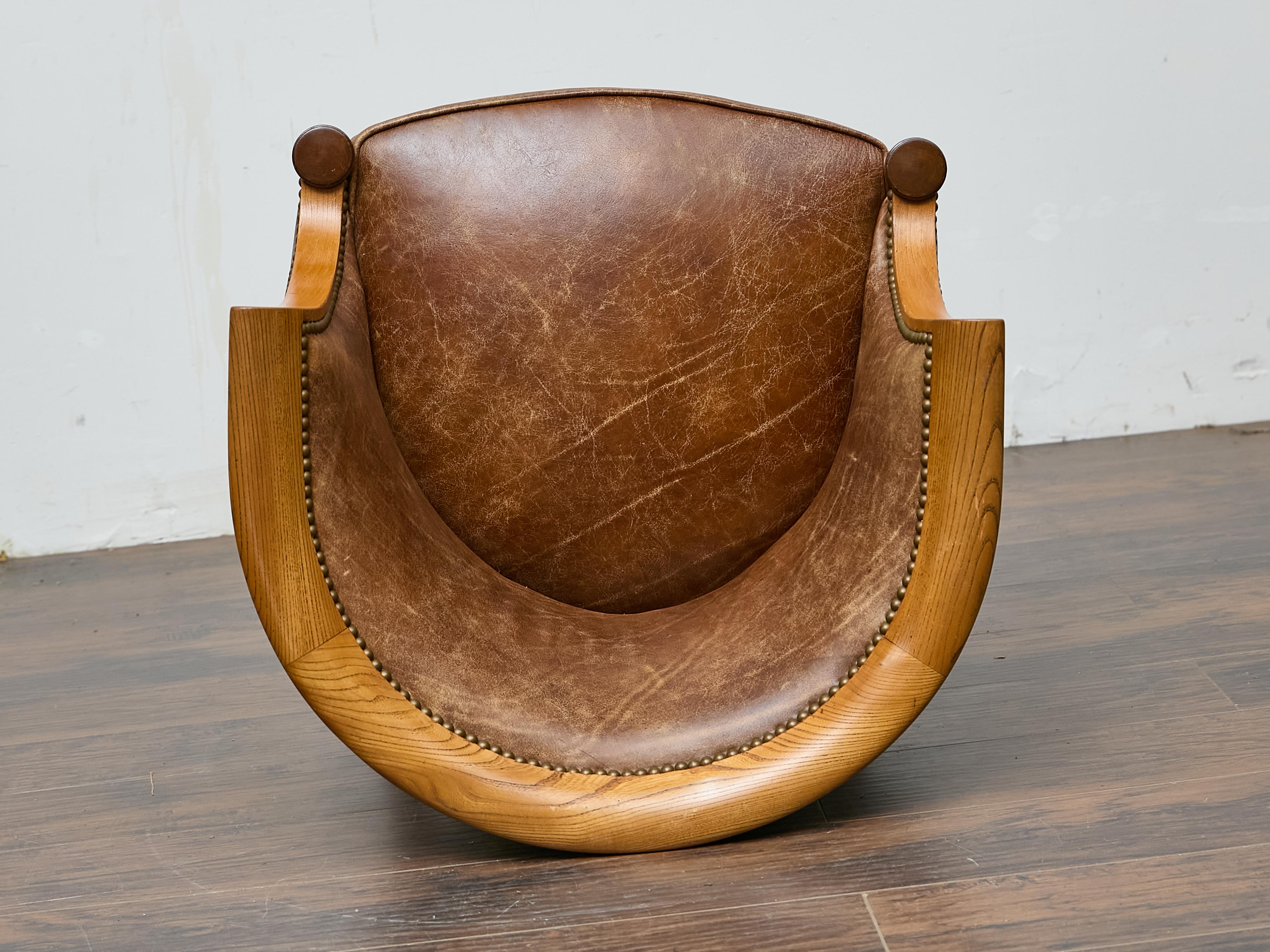 Directoire Style Fruitwood Armchair with Brown Leather Upholstery For Sale 11
