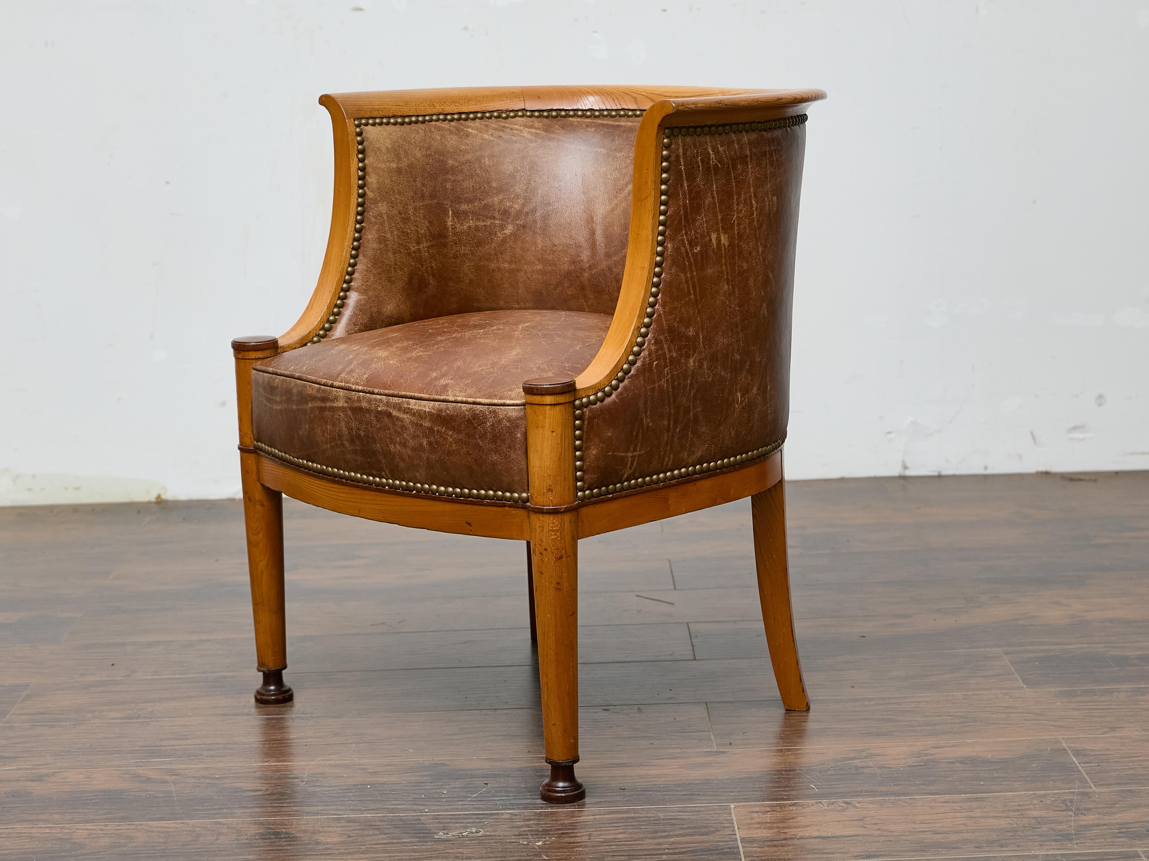 Directoire Style Fruitwood Armchair with Brown Leather Upholstery In Good Condition For Sale In Atlanta, GA