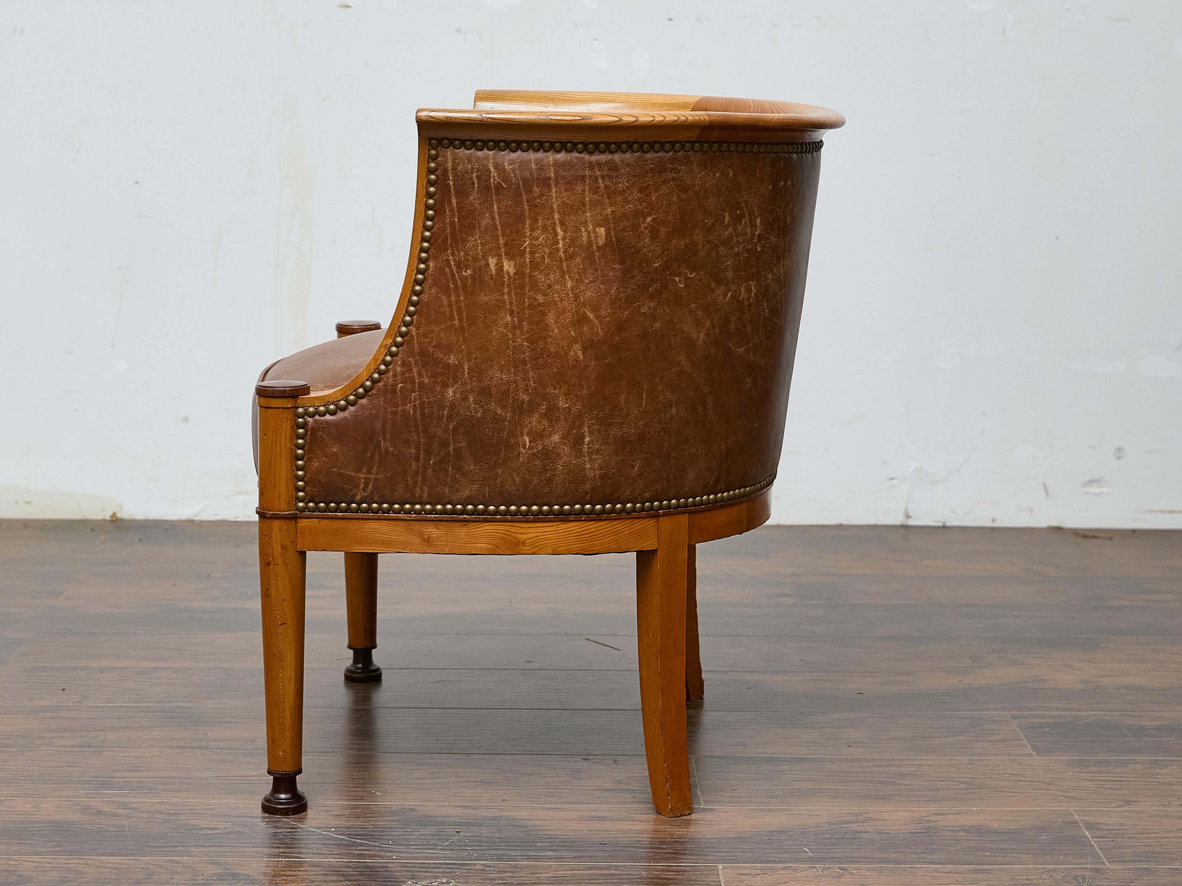 20th Century Directoire Style Fruitwood Armchair with Brown Leather Upholstery For Sale