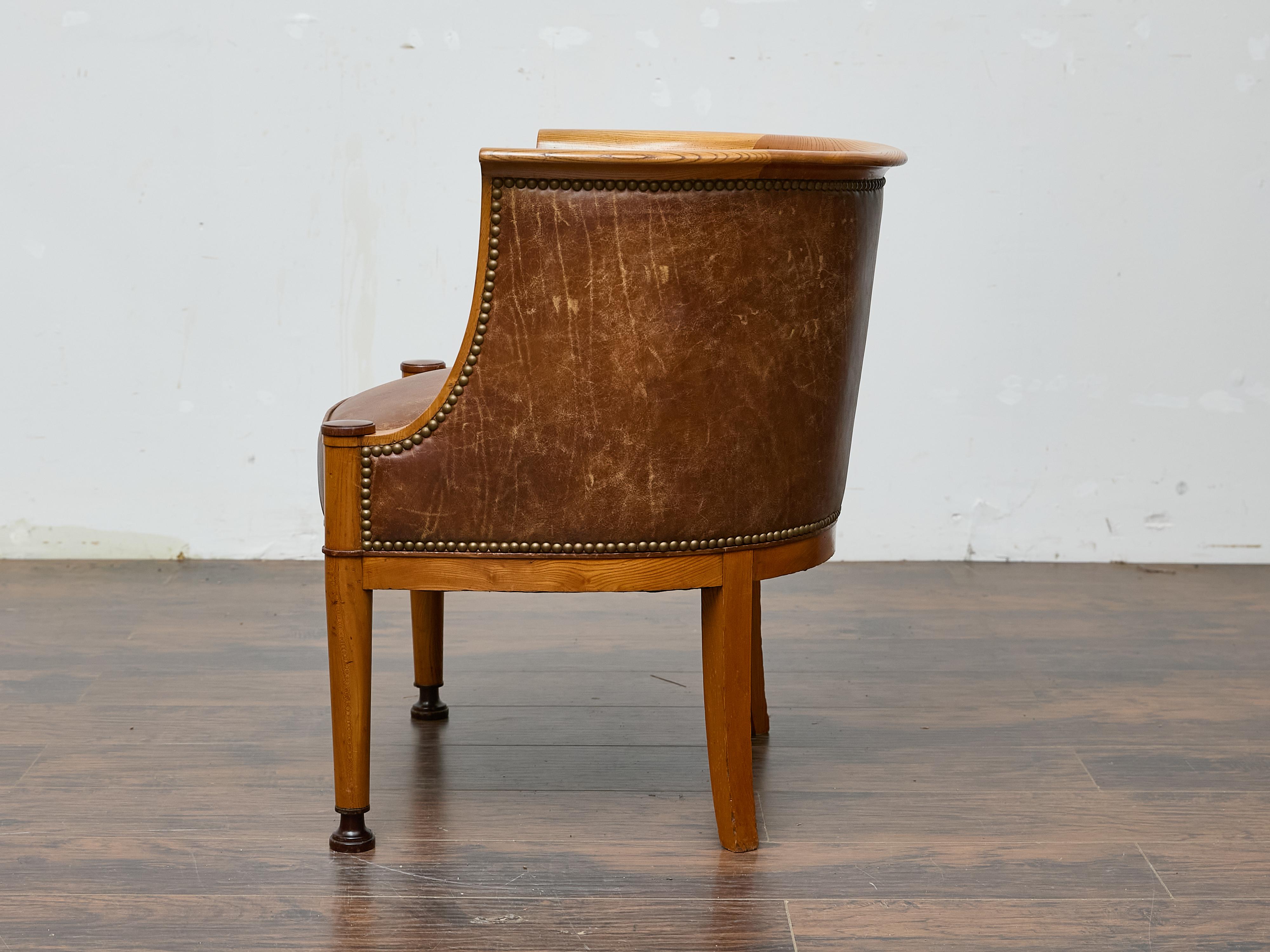 Directoire Style Fruitwood Armchair with Brown Leather Upholstery For Sale 1