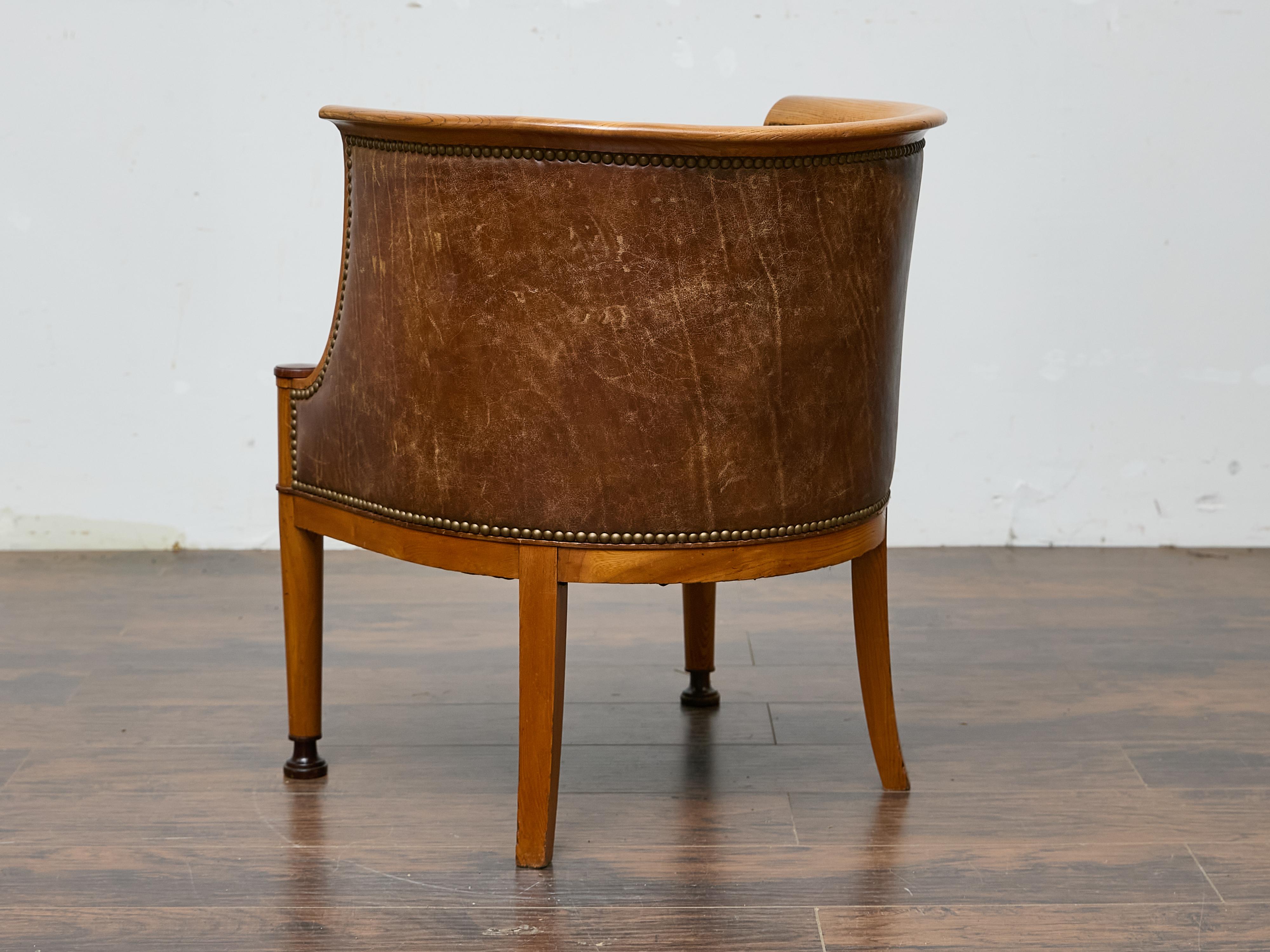 Directoire Style Fruitwood Armchair with Brown Leather Upholstery For Sale 2