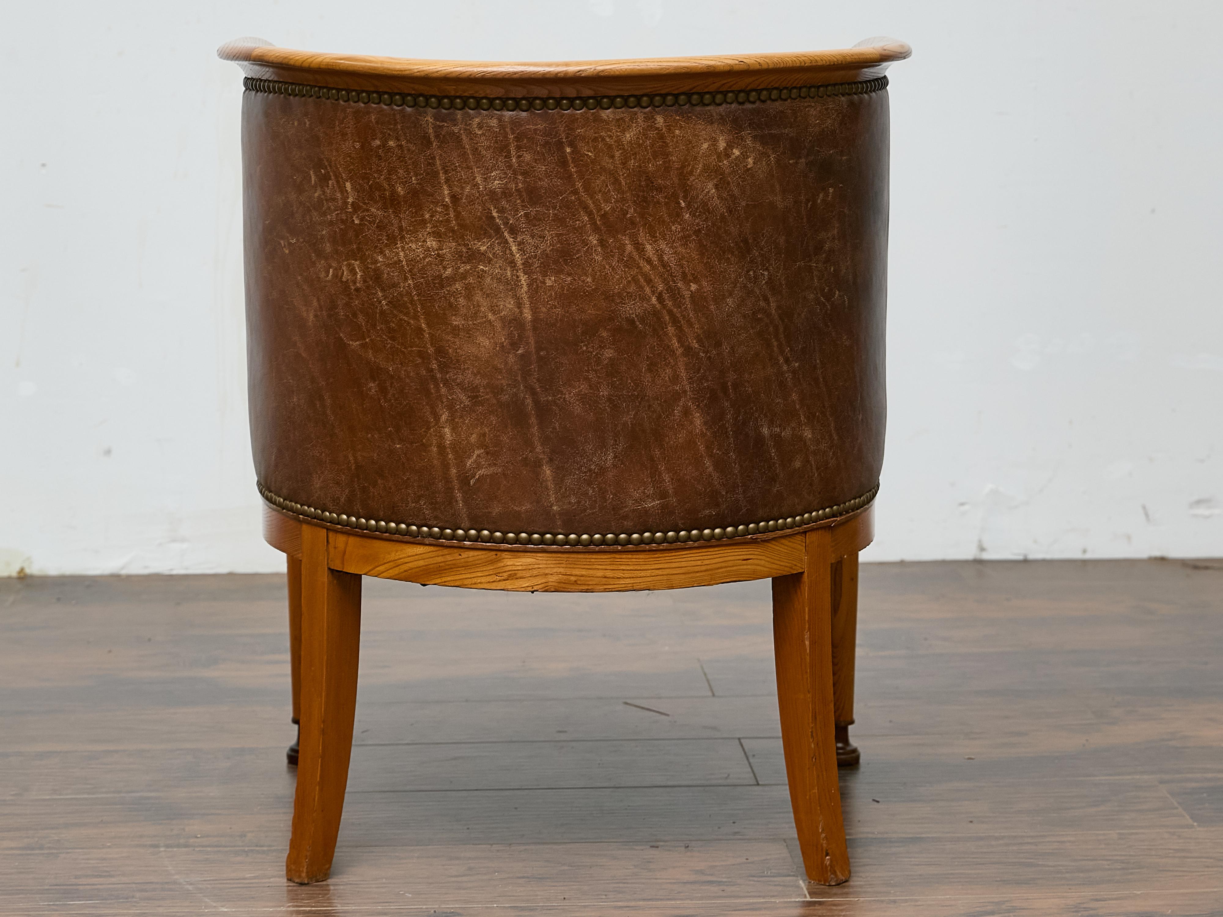 Directoire Style Fruitwood Armchair with Brown Leather Upholstery For Sale 3