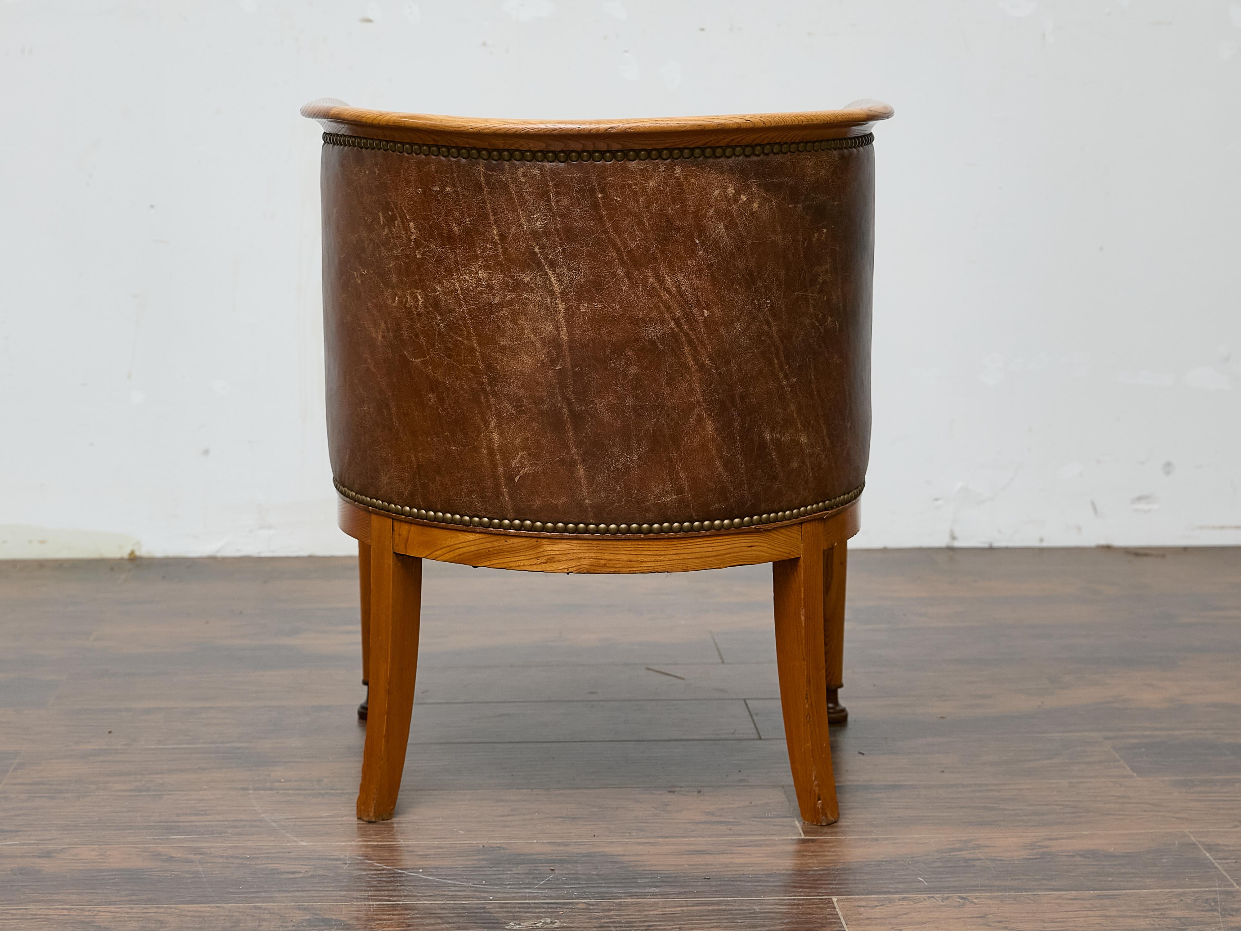 Directoire Style Fruitwood Armchair with Brown Leather Upholstery For Sale 4