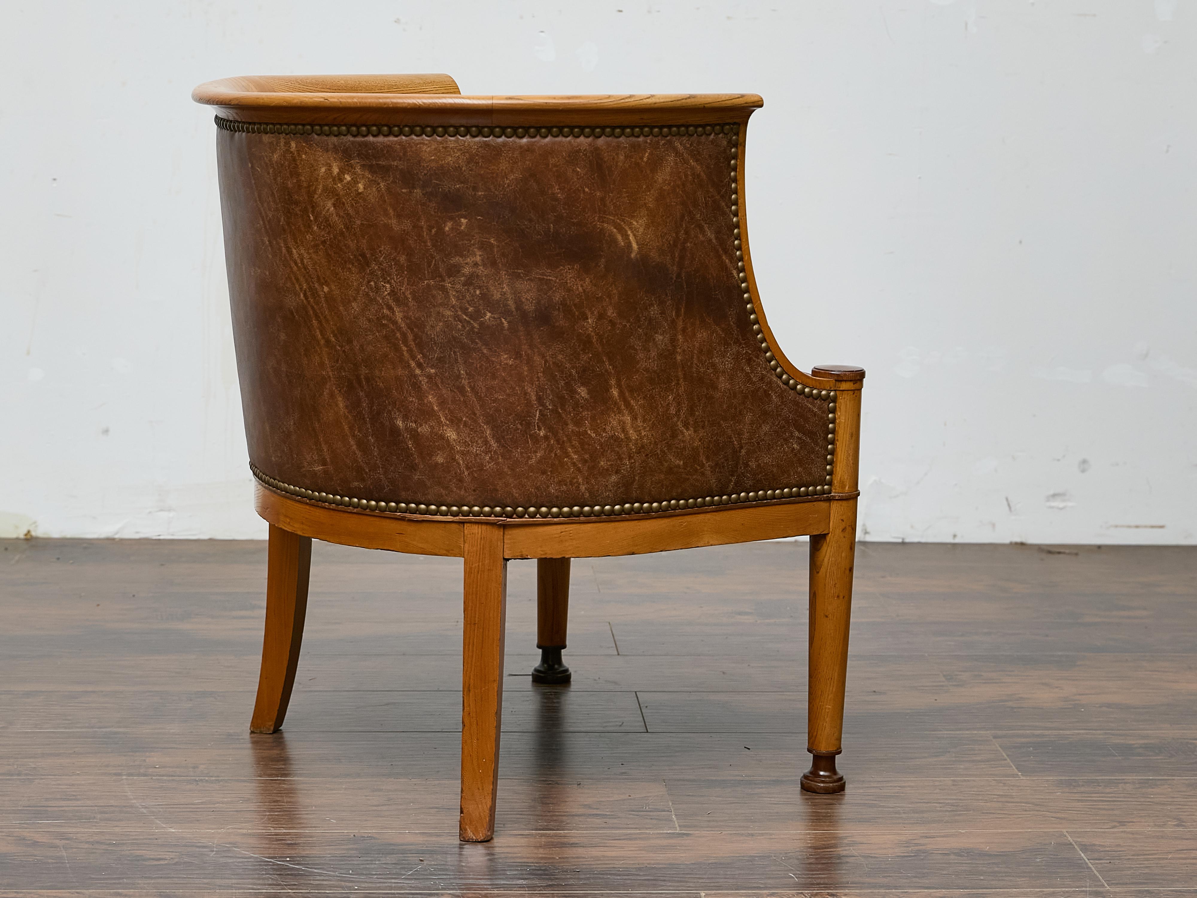 Directoire Style Fruitwood Armchair with Brown Leather Upholstery For Sale 5