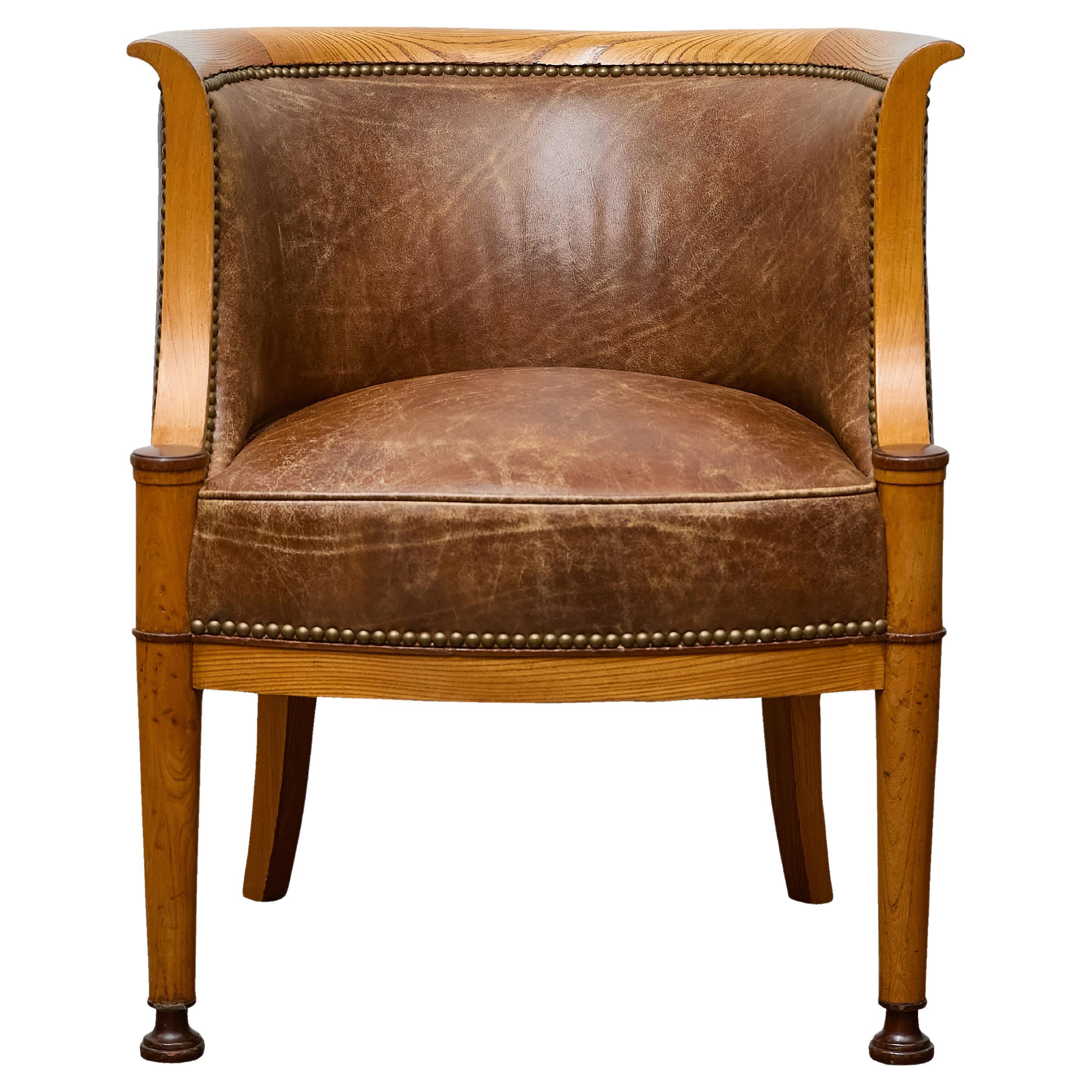 Directoire Style Fruitwood Armchair with Brown Leather Upholstery For Sale