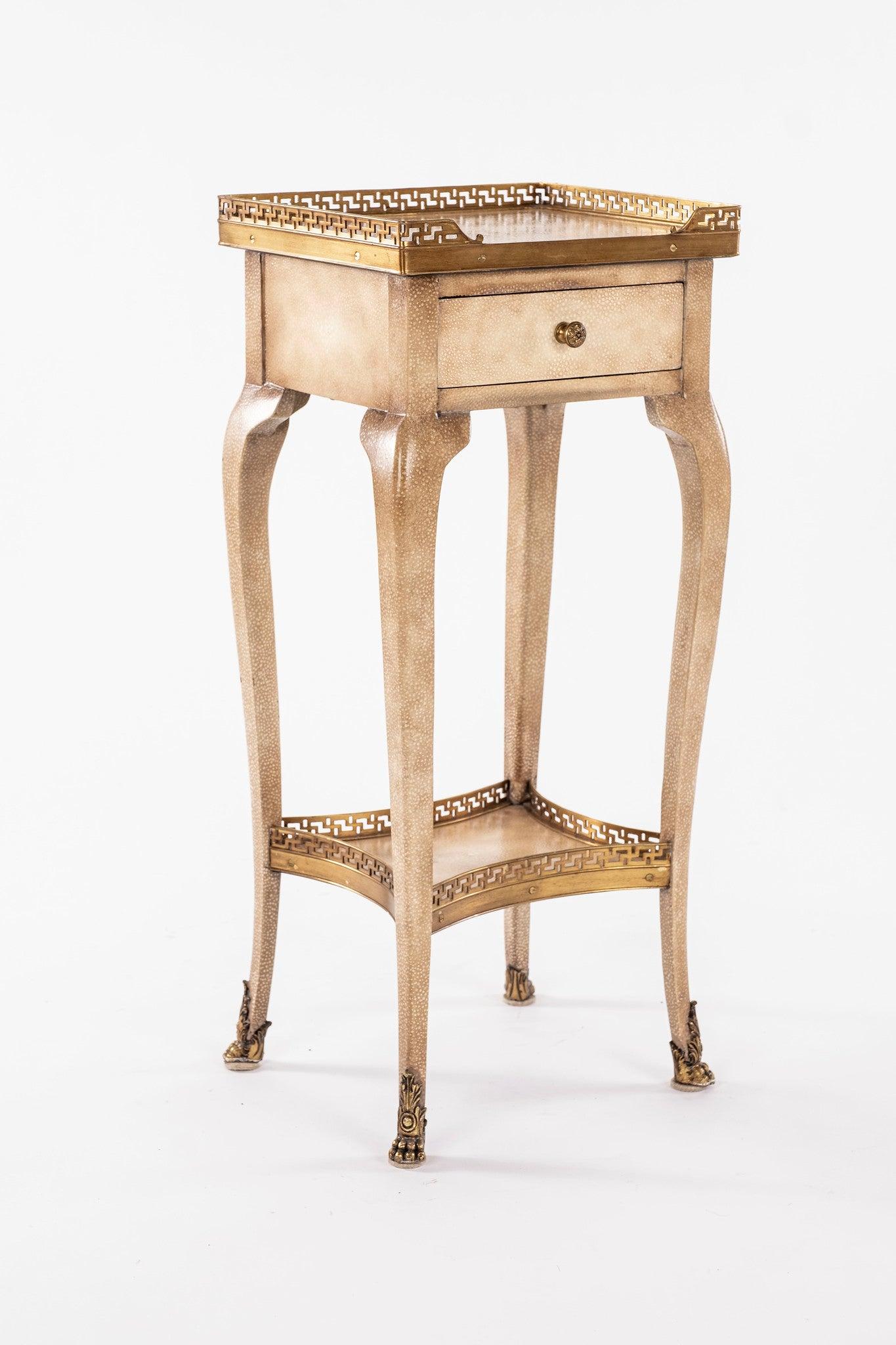 1960s French Directoire style gallery table stand with a faux goatskin veneer, brass ormolu, gallery rails, and a single drawer.