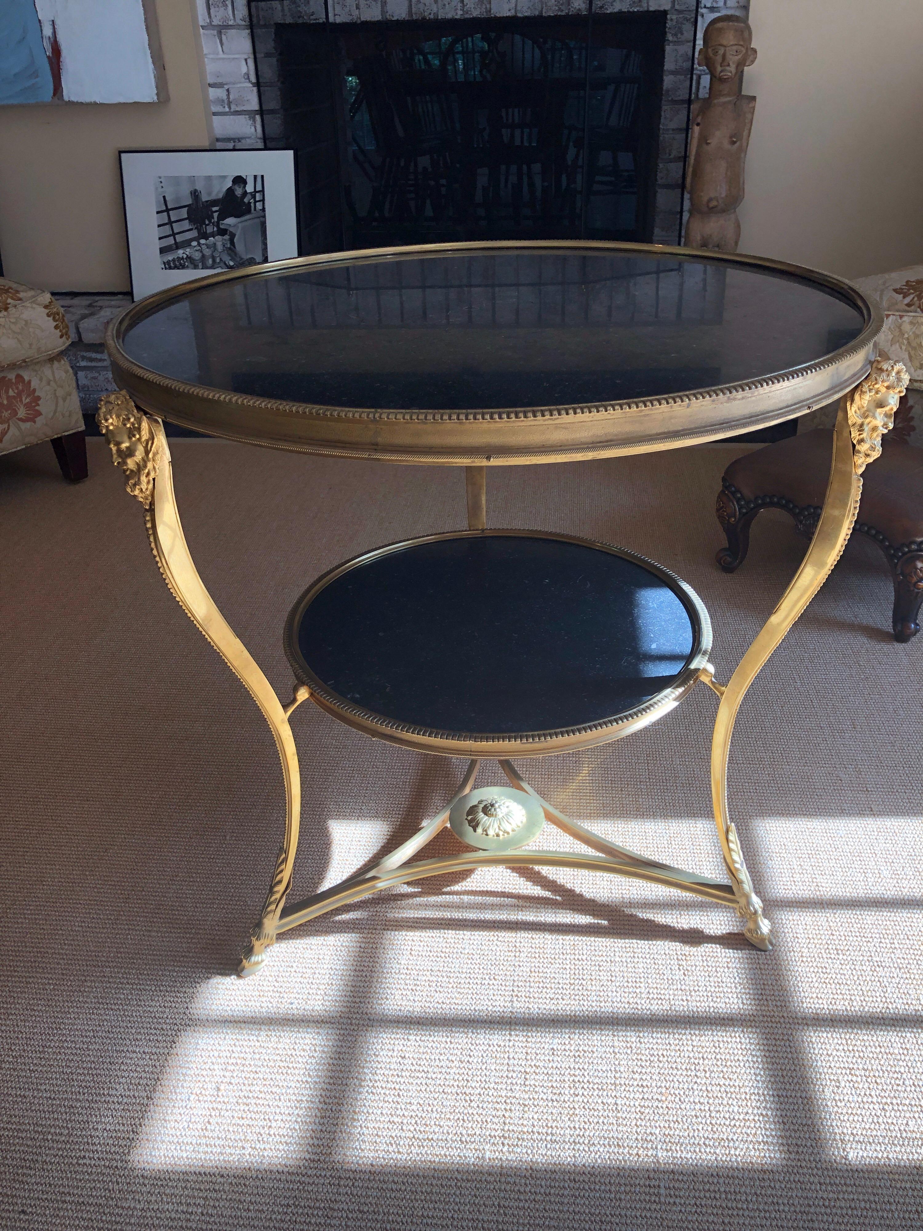 Directoire Style Gilt Bronze Gueridon Table with Dark Marble Top In Good Condition In Southampton, NY