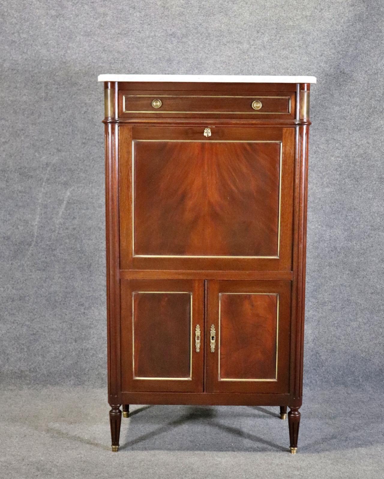French Directoire Style Mahogany and Brass secretary Aabatant Leather Desk Surface  For Sale